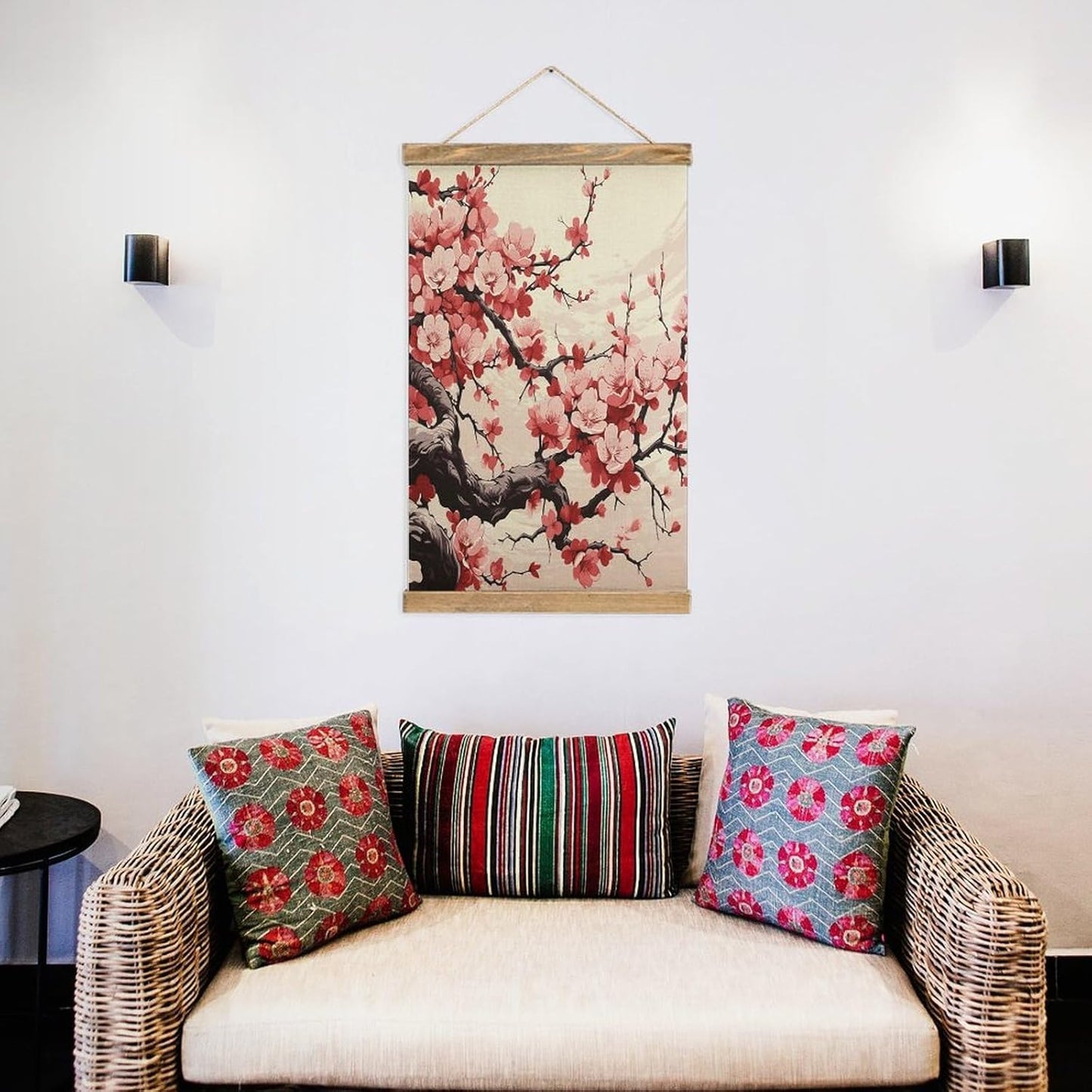 Vintage Japanese Floral Cherry Blossom Poster with Wooden Frame Personalized Linen Hanging Scroll Painting Rustic Wall Hanging Illustrative Modern Artwork Decor for Home Living Room Bedroom Office