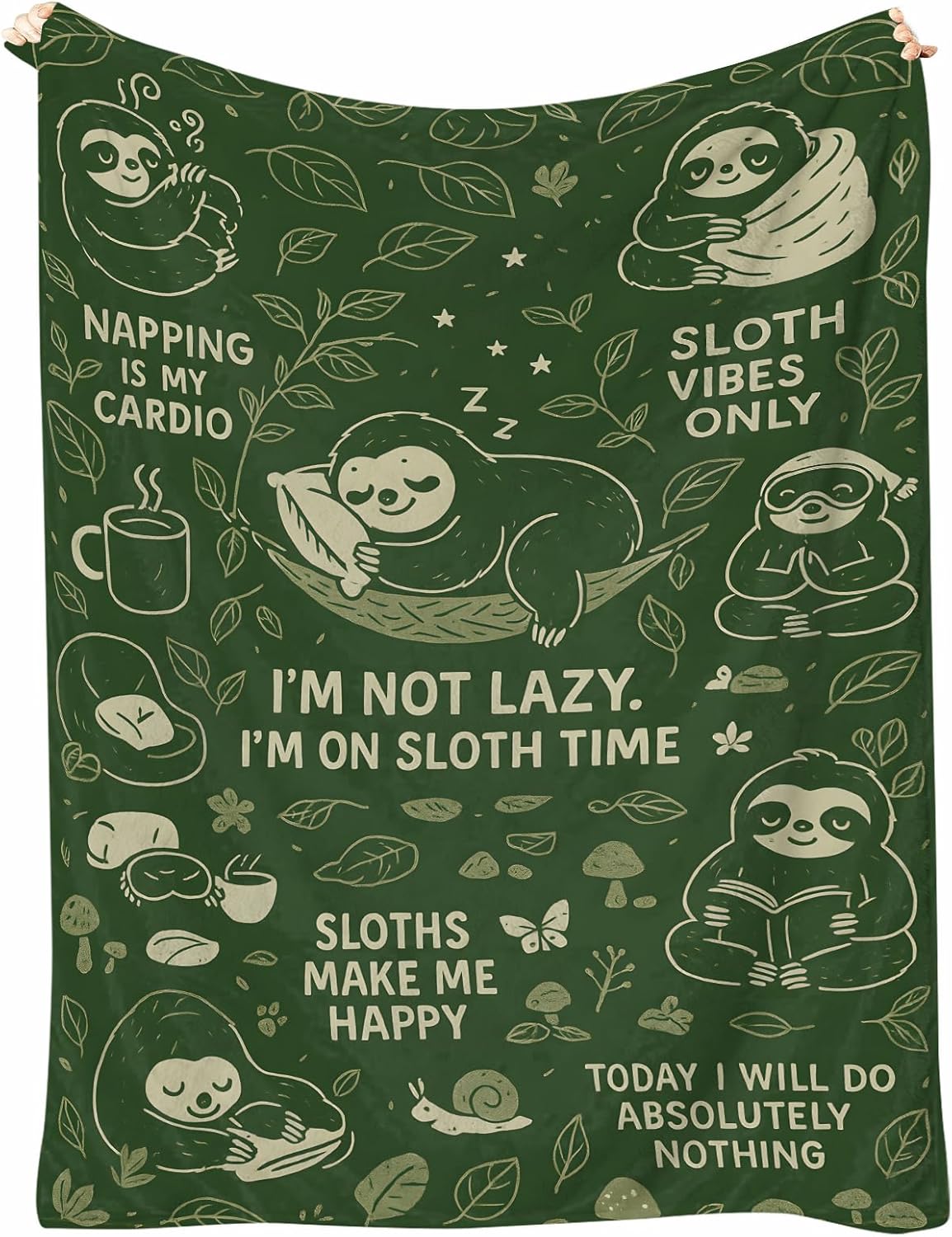 Sloth Throw Blanket 60x50 - Cozy Polyester Flannel Fleece, Forest Green Cartoon Design, Soft Lightweight Couch/Bed/Dorm Throw, Cute Animal Gift for Sloth Lovers, Kids Teens Adults
