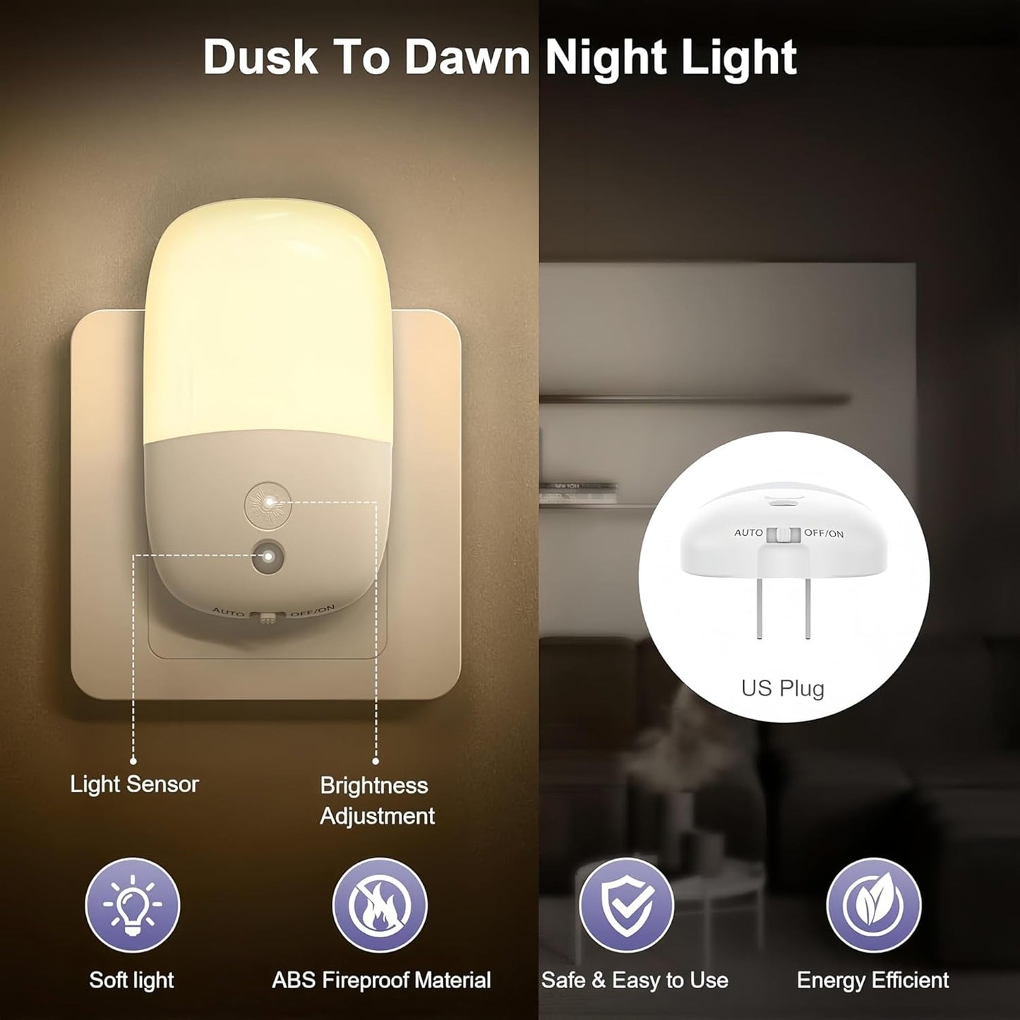 Dimmable Night Light Plug in with On/Off Switch, Auto Dusk to Dawn Sensor LED Nightlights, Adjustable Brightness (Warm White) for Bathroom, Hallway, Kids Room, Stairs (2 Pack)