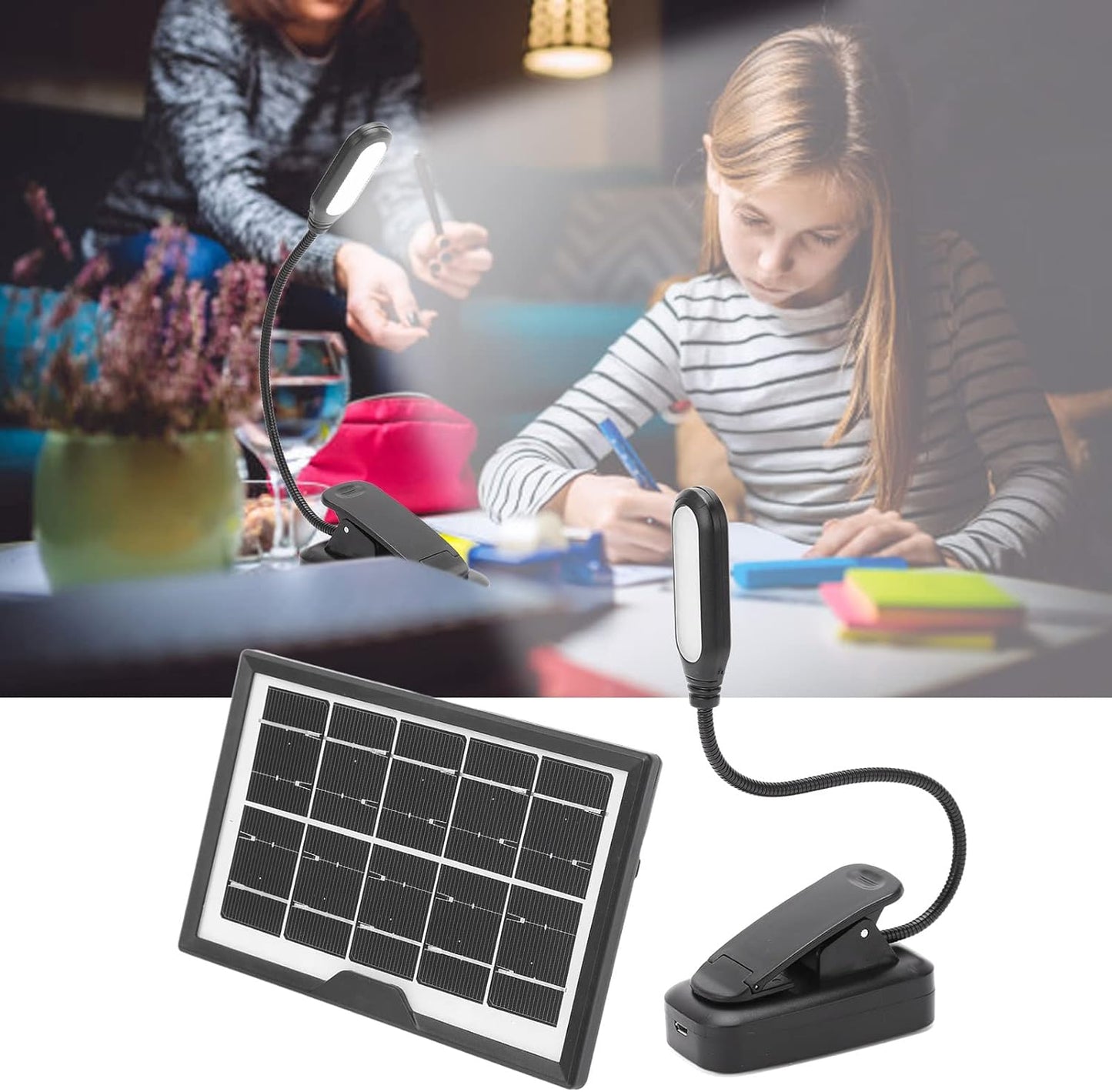 Solar Clip on Book Light LED Reading Light USB Rechargeable and Solar Powered, 3 Color Temperature Flexible Neck& Clip on Black