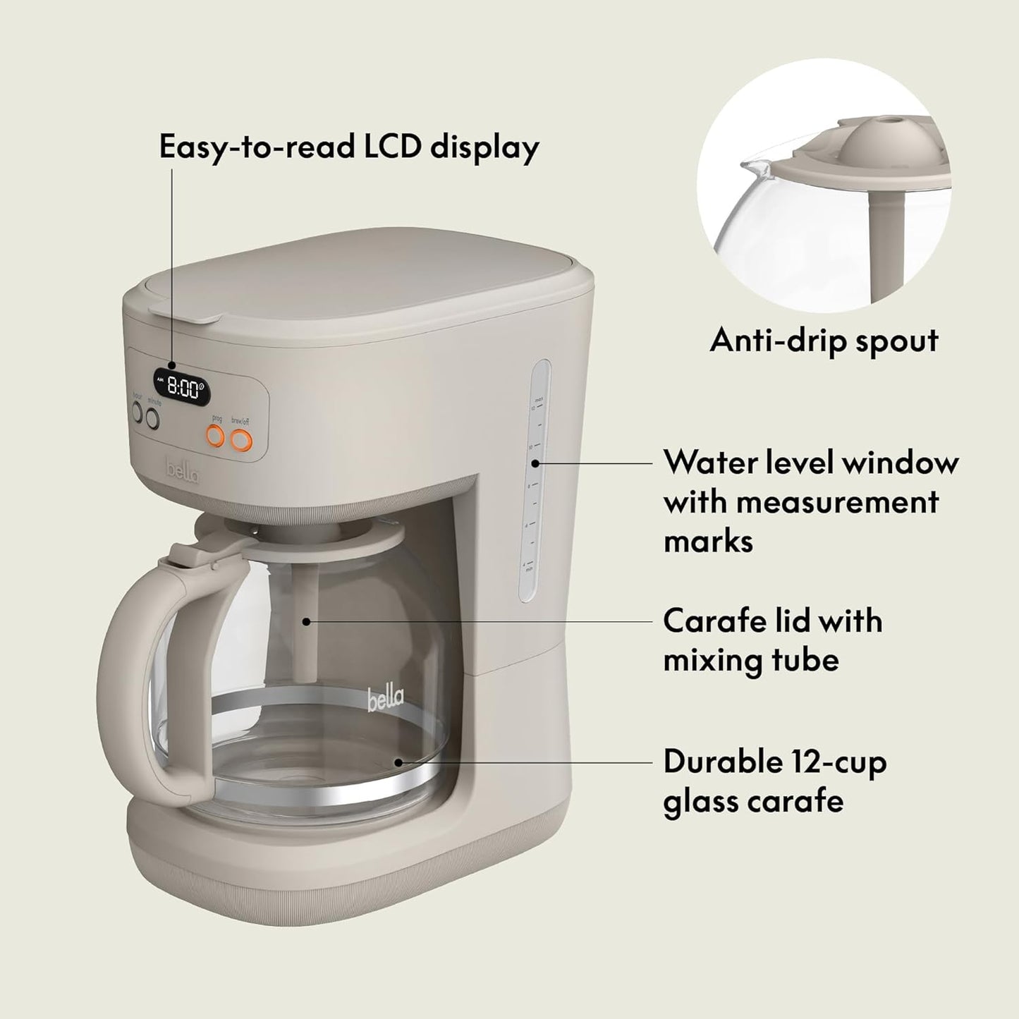 BELLA 12 Cup Programmable Coffee Marker, Reusable Dishwasher Safe Accessories, Easy LCD diaply, Auto Shutoff, 900 watt, Oatmilk