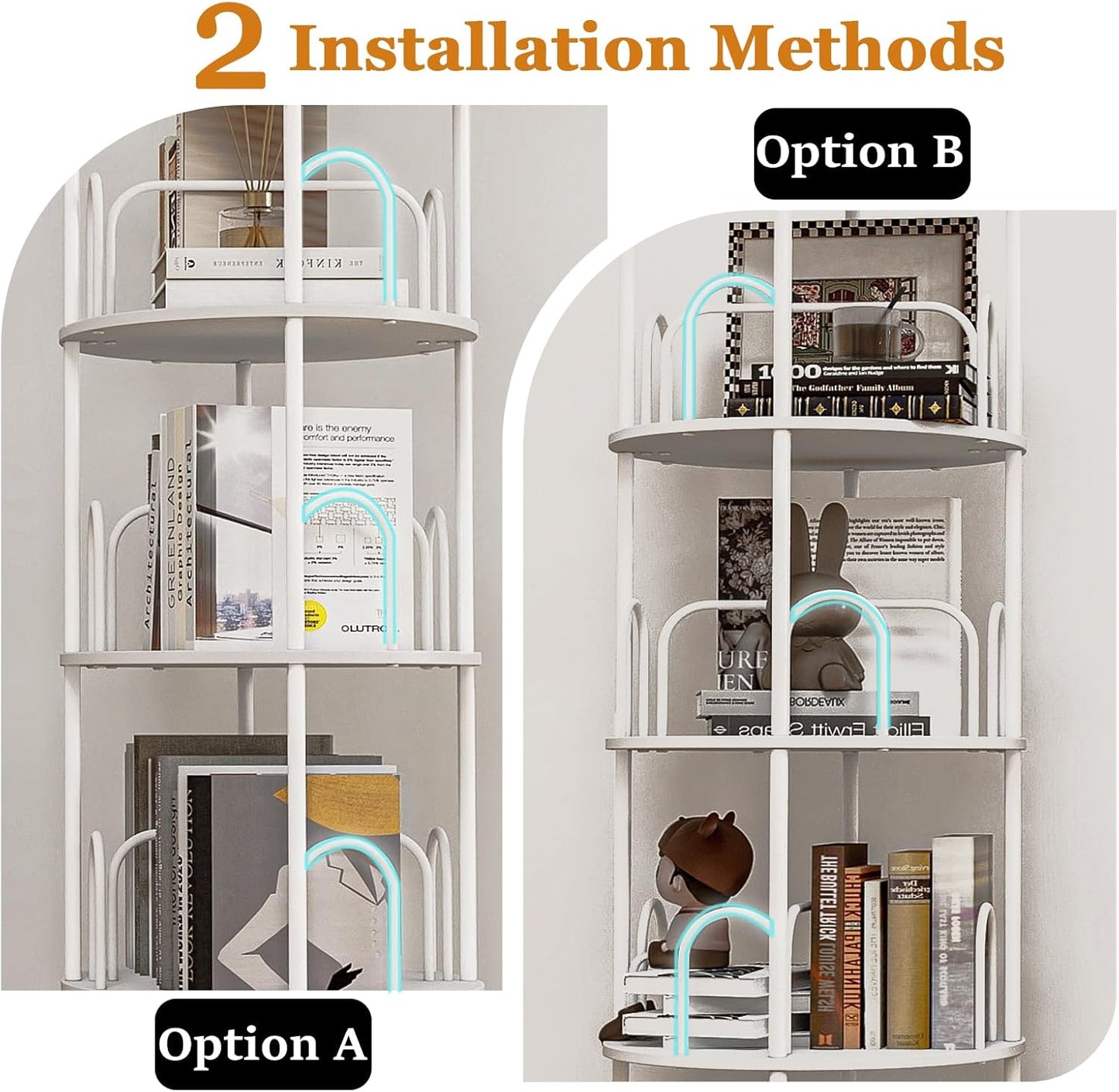 4 Tier Round Rotating Bookshelf Revolving Bookcase, 360° Spinning Book Shelf Tower for Kids, Narrow Rolling Bookshelves for Small Space, Corner, Bedroom, Office
