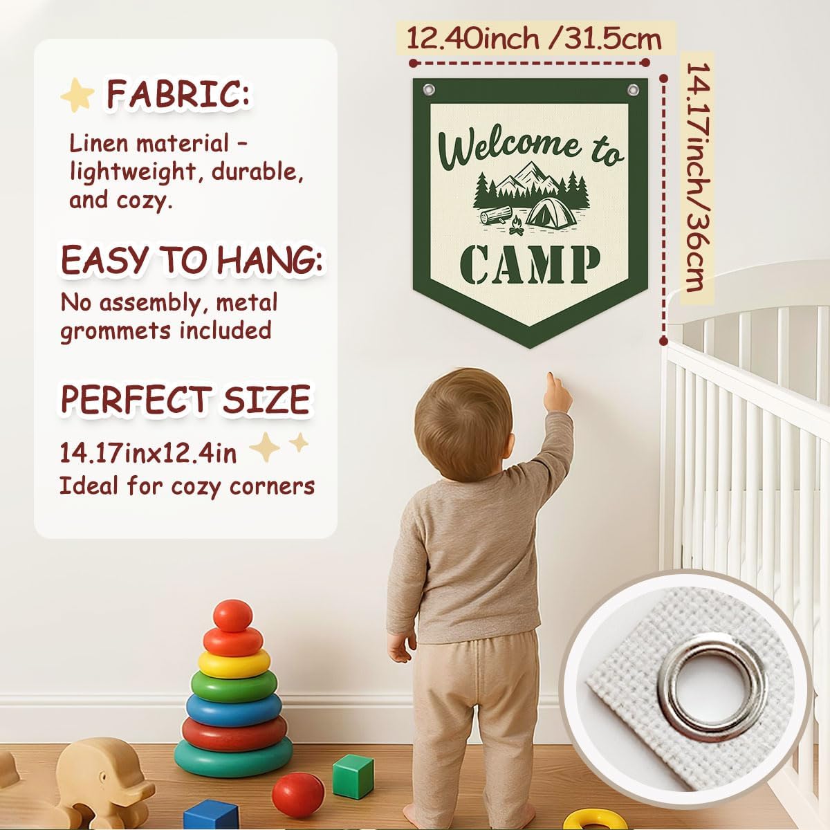 Camping Decor Camp Sign Banner, Welcome to Camp Wall Pennant Banner Flag Classroom Decor, Retro Green Camping Hanging Wall Decor for Kids Nursery Toddler Room Bedroom Playroom Classroom