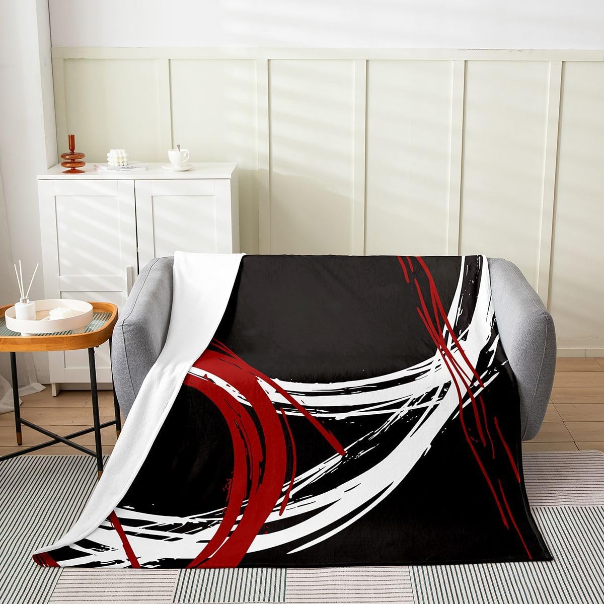 Feelyou Red and Gray Black White Fuzzy Blanket Kids Modern Abstract Geometric Bed Throw Blanket Women Men Trippy Swirl Decor Fleece Throw Blanket Microfiber Stripe Line Bedroom 40"x50"