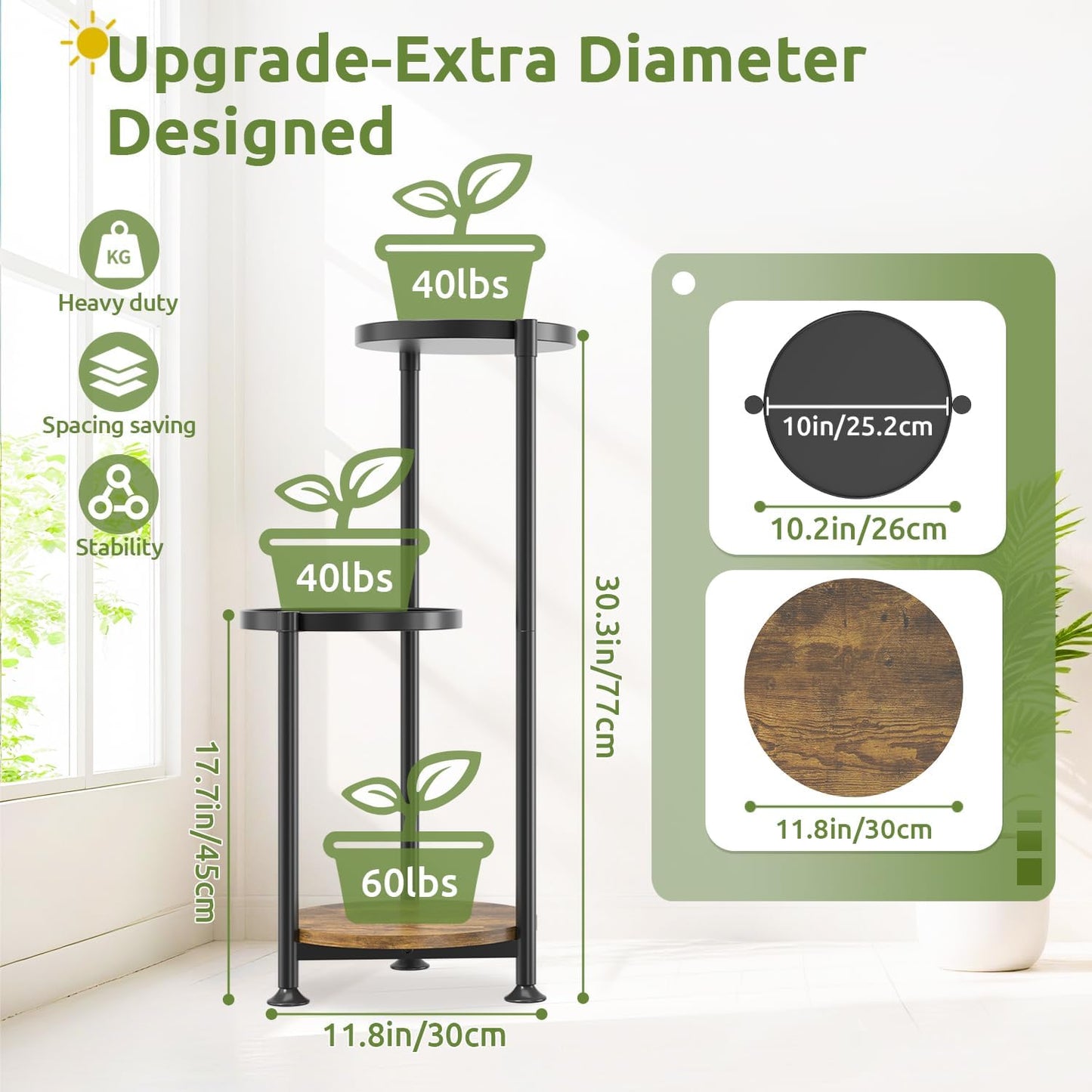3 Tier Plant Stand Indoor Outdoor, 10in Wide Metal Tiered Tall Flower Pot Holder Multiple Shelf, Large Heavy Duty Round Rack for Patio Garden Living Room Balcony Corner Bathroom Orchid,Modern Black