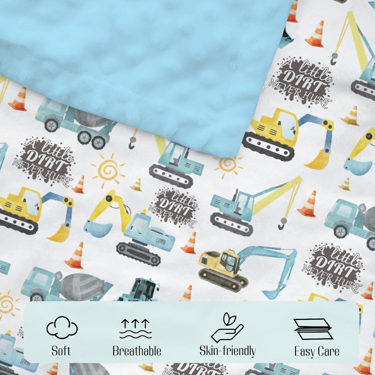 Mink Baby Boy Blankets Blue Yellow Construction Vehicle, A Little Dirt Never Hurt Double Layer Dotted Backing Receiving Swaddle, Newborn Infant Toddler Nursery Crib Bedding Shower Gift 30 x 40