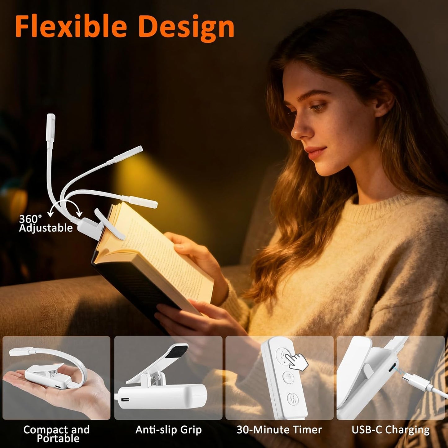 10 Pcs Clip On Reading Light, Rechargeable Book Light with 5 LED 3 Color Temperatures & Stepless Dimming, Portable Bed Lamp (White)