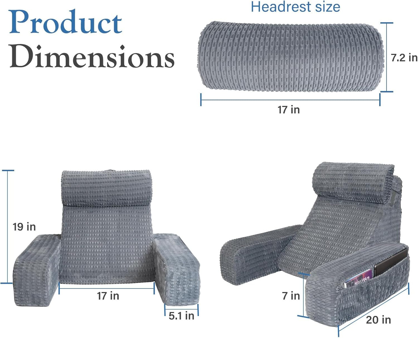 Reading Pillow for Bed, 19" Back Pillow for Bed Sitting up, Big Pockets & Built-in Arms, Backrest Cushion, Wedge Support for Reclining/Reading/Resting/Watching TV, Washable Cover, Slate Blue
