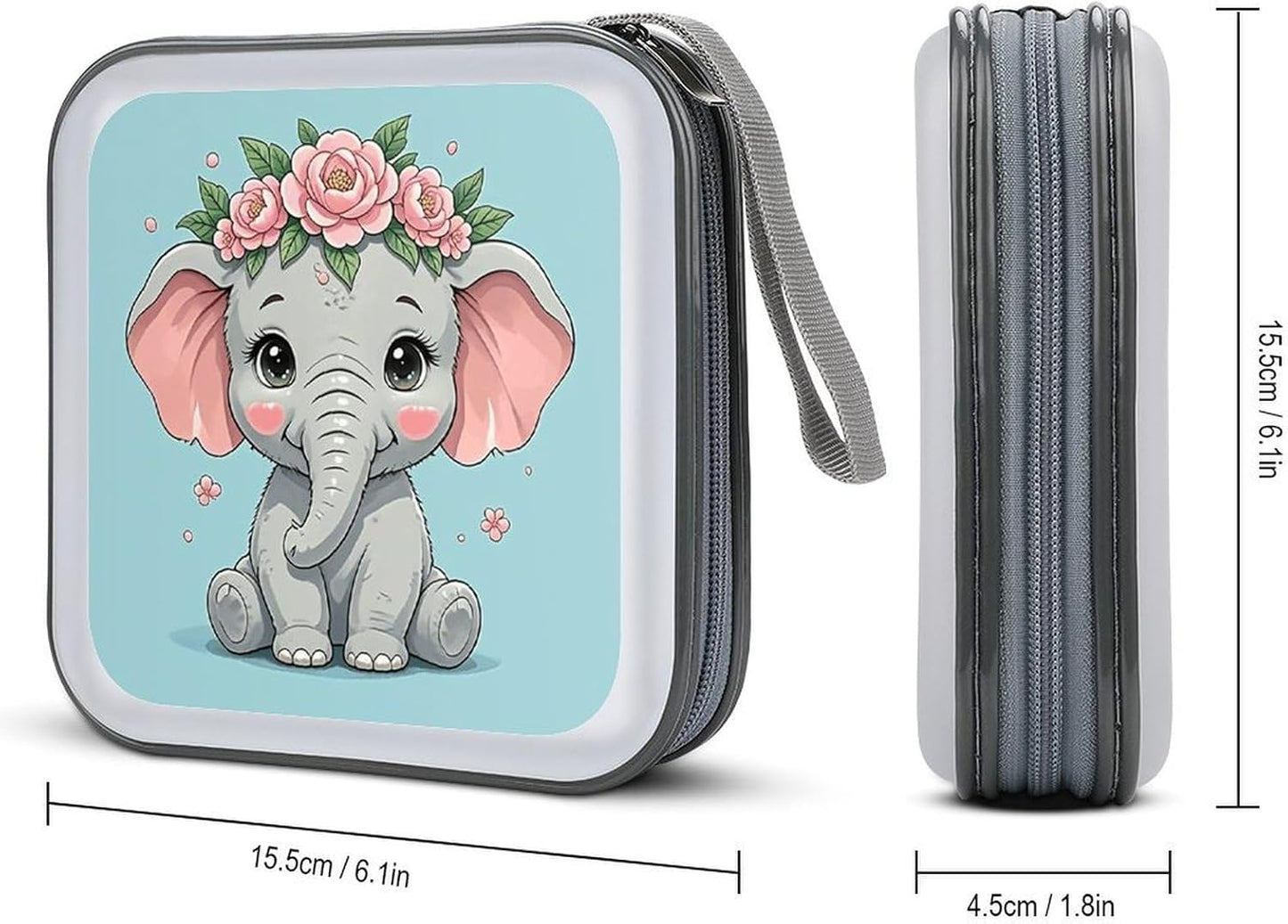 Cute Flower Elephant CD Case Portable Zipper CD Case 40 Capacity Hard Plastic DVD Cases Holder Large Storage Disc Wallet Bag for Car Home Travel DVD Collection Bag