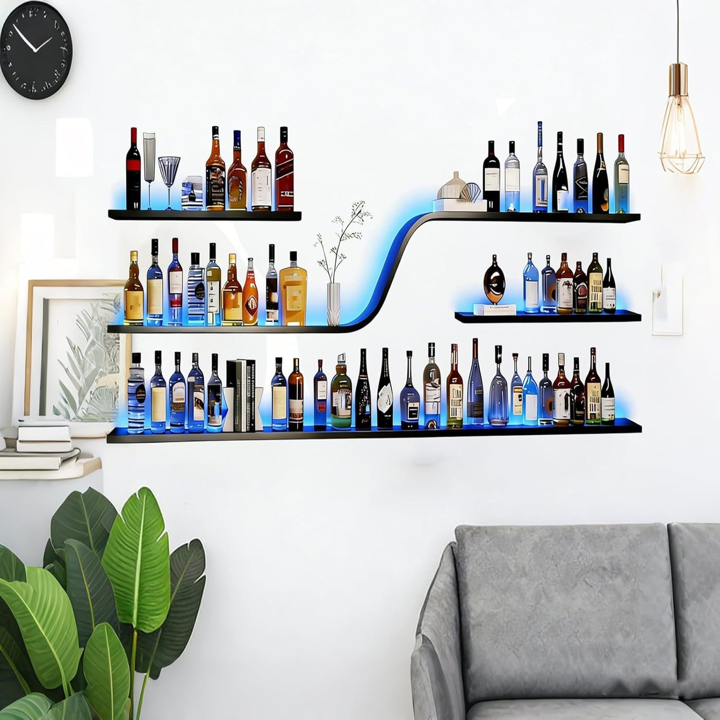 Modern Wall Mounted Wine Rack with Blue LED Light, 3-tiers Metal Curved Bar liquor Bottles Display Shelf, Large Floating Bar Shelves Storage for Home bars, kitchens Coffee Shop (Black, 47in)