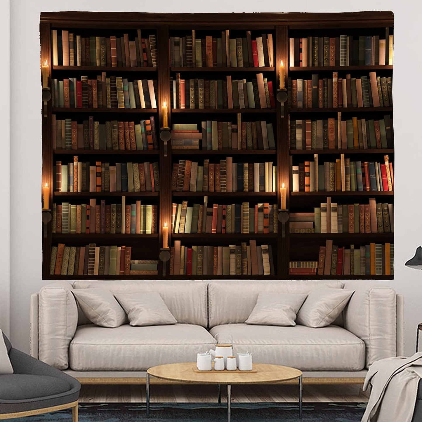 Old Bookshelf Candle Print Fabric Tapestry Decorative Wall Art Tablecloth Bedspread Picnic Blanket Beach Throw Blanket Multifunctional for Bedroom Hall Dormitory Living Room Hanging 79 x 59 inches
