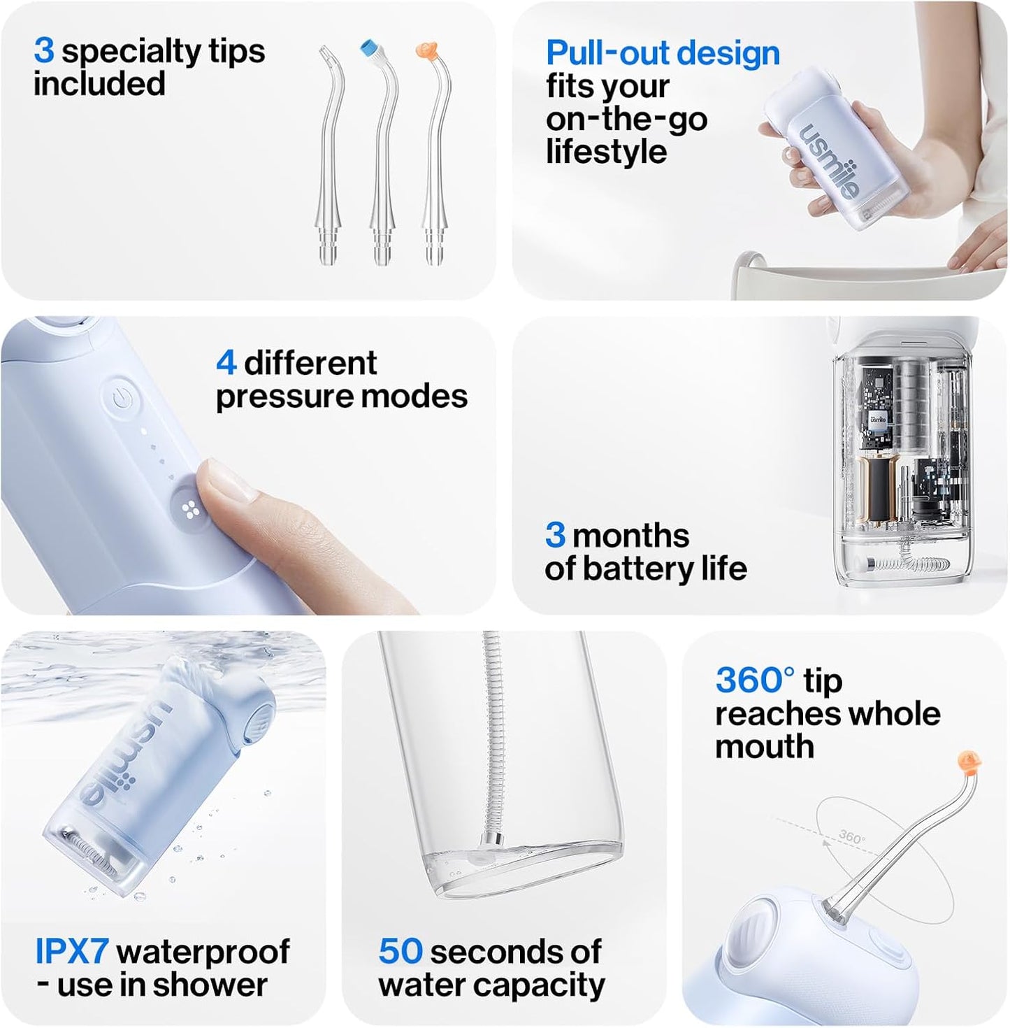 usmile C10 Portable Water Flosser – Travel-Friendly, 95-Day Battery, 4 Modes, 360° Nozzle, 180ml Tank, IPX7 Waterproof, Dentist-Recommended for Braces, Implants & Sensitive Gums (Blue)