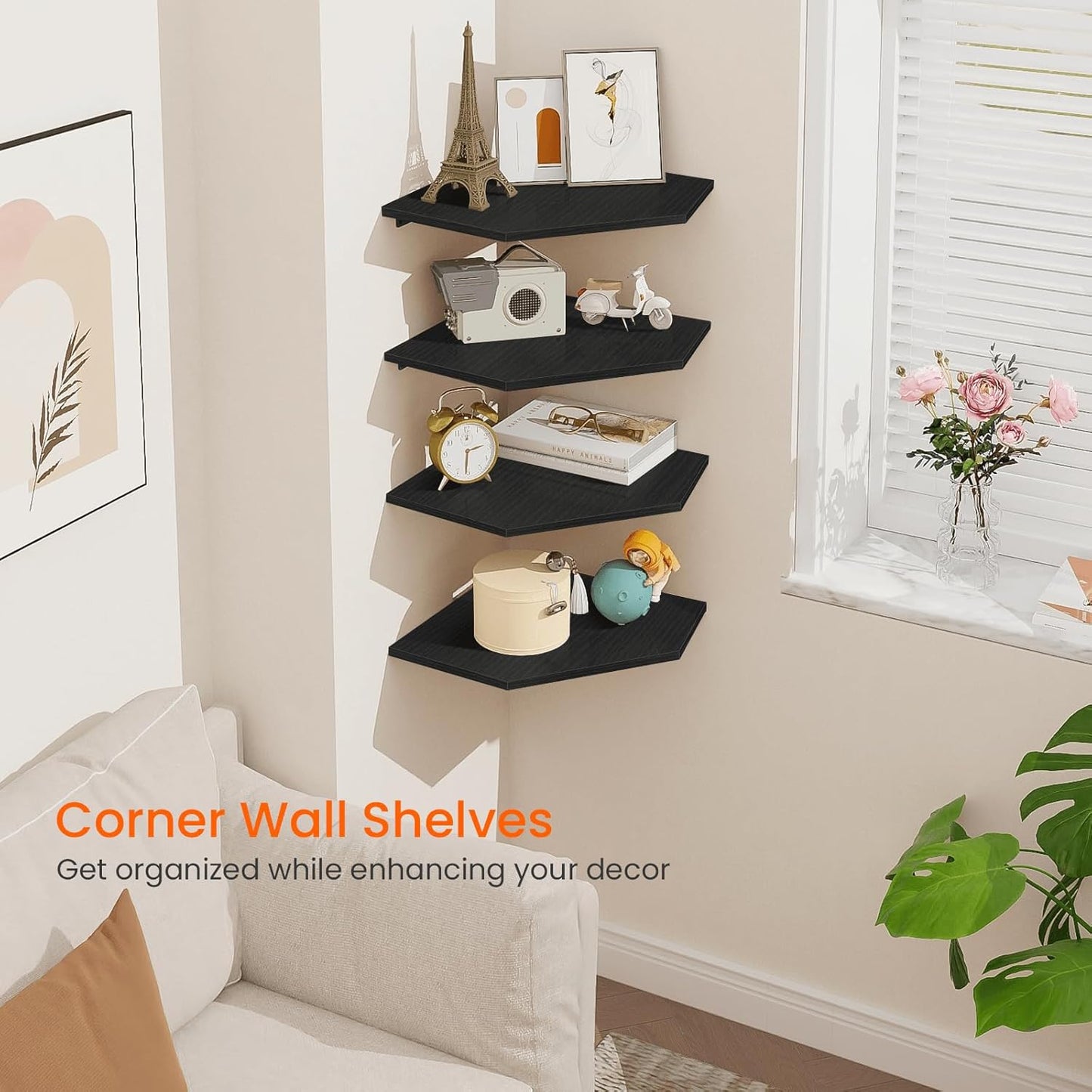 Homode Corner Floating Shelves, Corner Shelves Wall Mounted with Cord Hole, 4 Tier Diamond Shape Corner Hanging Shelving for Wall Storage, for Cable Box, TV Cords, Books, Plants, Black