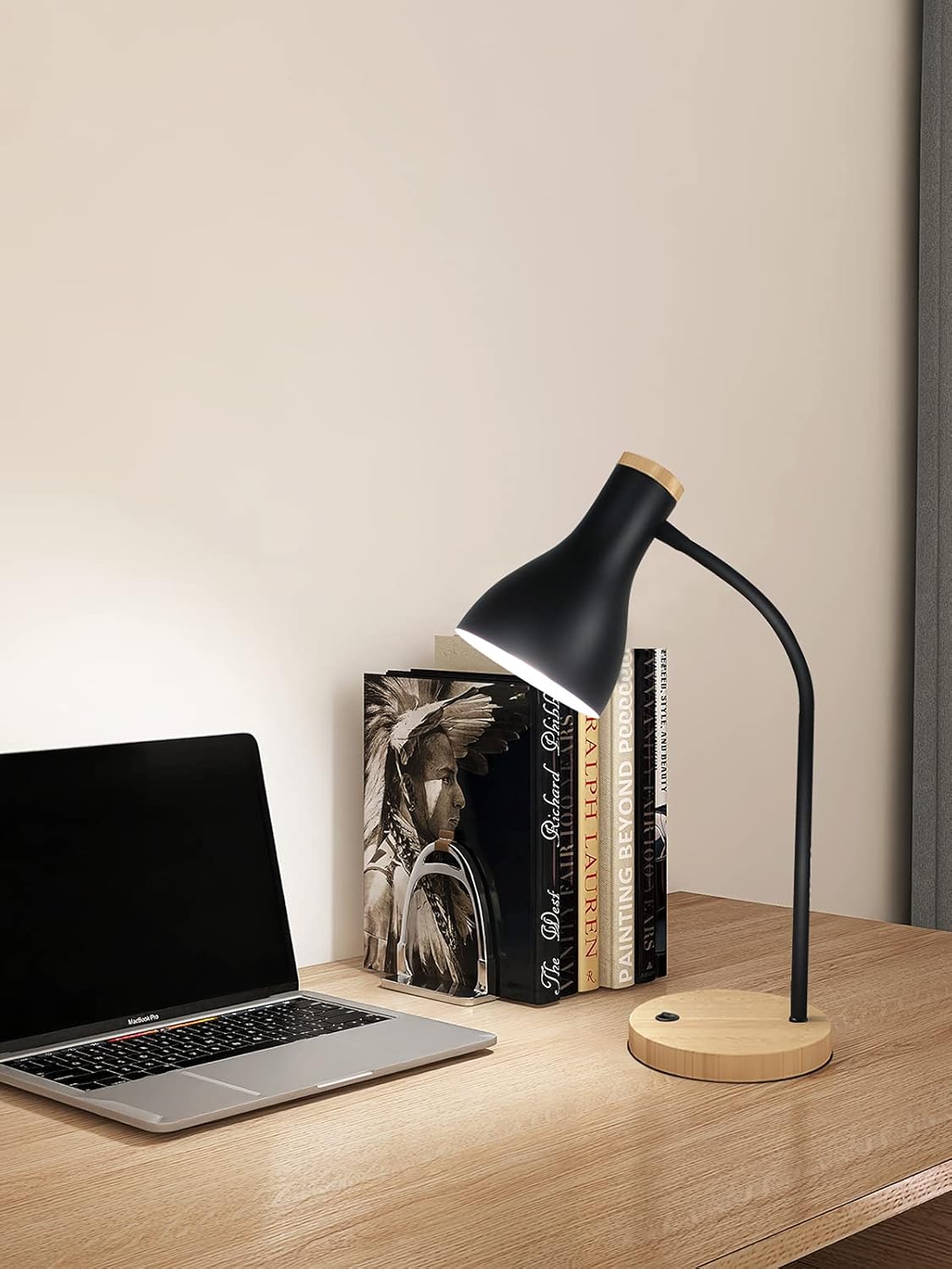 Metal Desk Lamp Table Lamp Reading Lights Arc Desk Lamps for Bedroom, Wood Base Bedside Lamp with Flexible Gooseneck for Study Room and Office (Wood Base+Black)