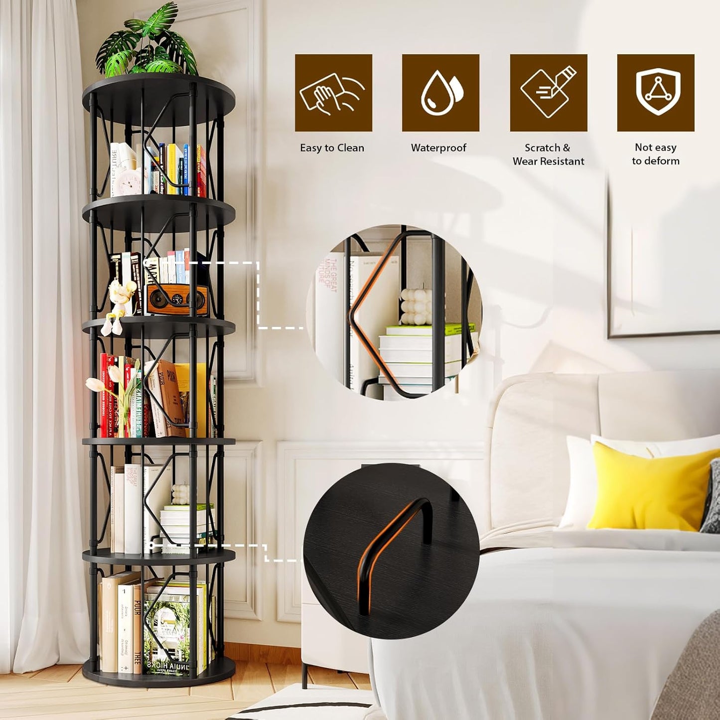 5 Tier Rotating Bookshelf Tower, Revolving Bookcase, 360° Round Spinning Book Shelf, Narrow Swivel Bookshelves Vertical Turning Corner Bookshelf Organizer for Bedroom, Living Room, Black