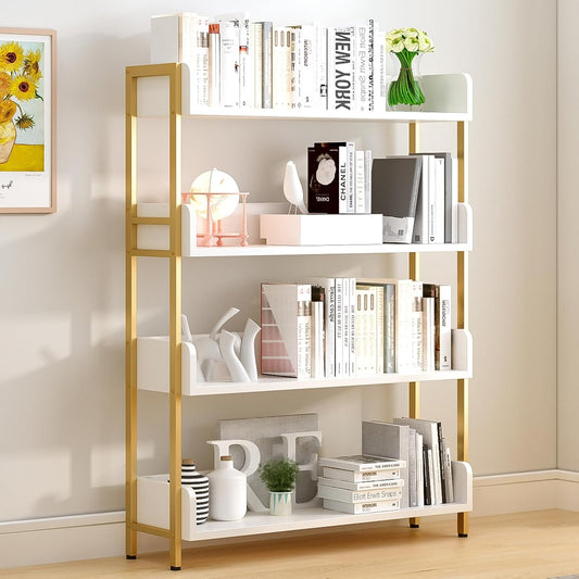 Wide Open Shelf Bookcase - Modern 4-Tier Floor Standing Display Bookshelf with Three-Side Baffles for Home and Office, Storage Shelving in Warm White with Gold Frame