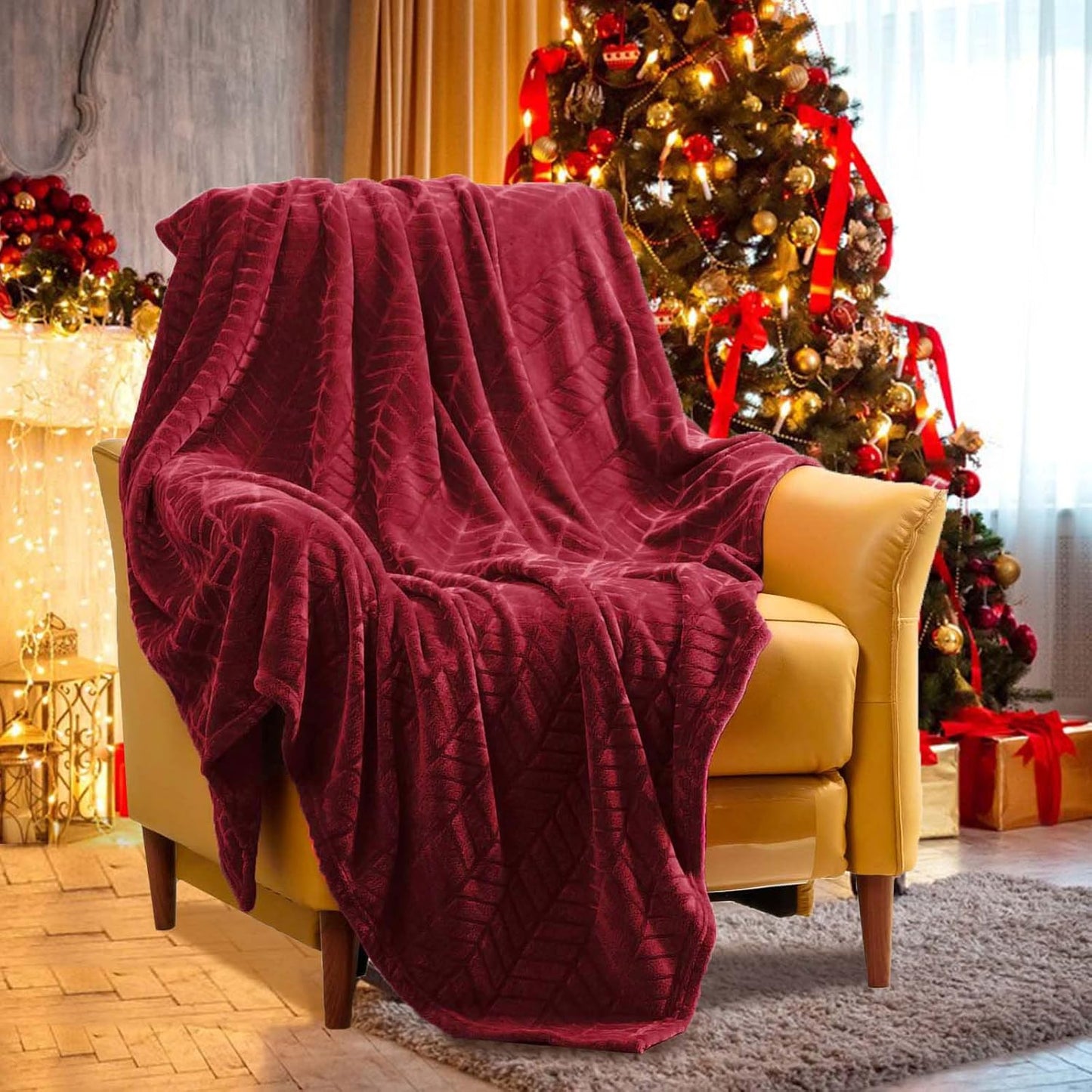 Excervent Soft Flannel Fleece Throw Blanket 50x60 Inches Burgundy Lightweight Winter Blankets Chevron Pattern for Sofa Couch Bed Fluffy Warm Cozy Decorative