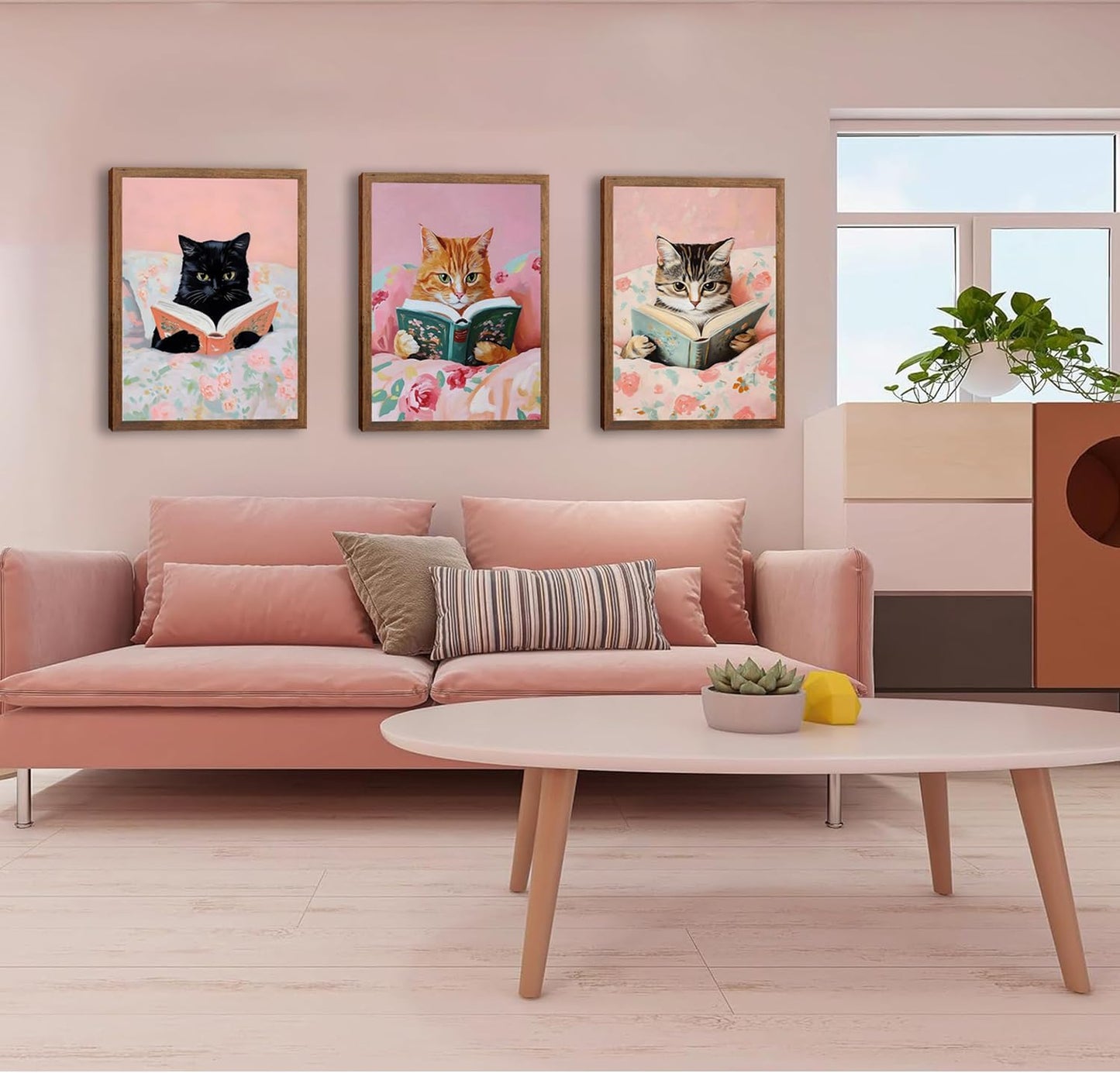 Cute Cat Wall Art Set of 3, Vintage Funny Black Cat Book Canvas Wall Decor, Pink Animal Reading Books Picture Print for Boby Room Bedroom Living Room Home Decor 12x16 Wood Framed