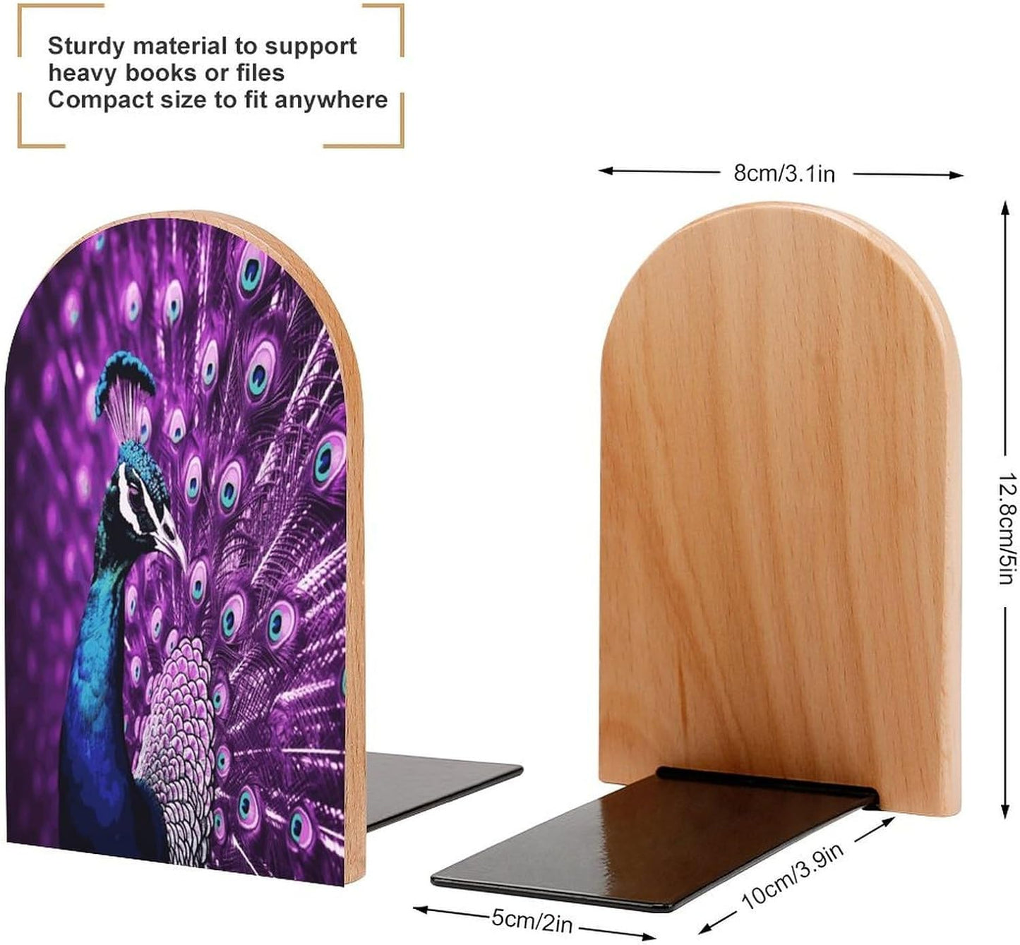 Purple Peacock Bookends 1 Pair Heavy Duty Book Ends for Shelves Non-Skid Bookend Supports Wooden Book Holders with Metal Base Desk Organizers Books Storage to Hold Books