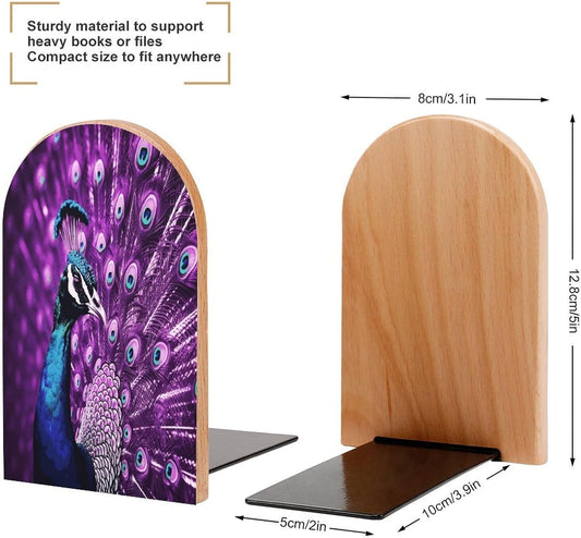 Purple Peacock Bookends 1 Pair Heavy Duty Book Ends for Shelves Non-Skid Bookend Supports Wooden Book Holders with Metal Base Desk Organizers Books Storage to Hold Books