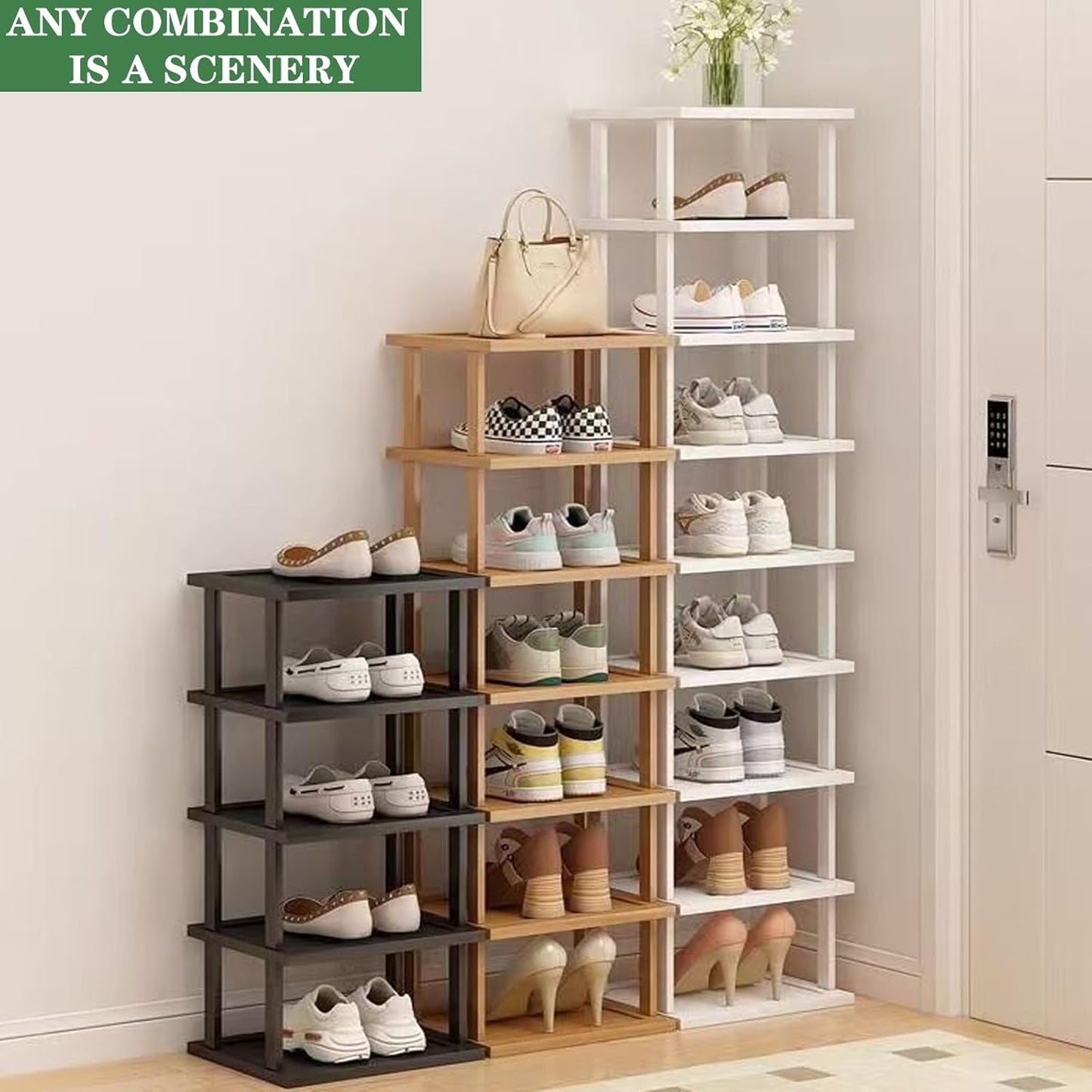 SAN HE Bamboo Shoe Rack 5Tier- Vertical White Shoe Rack for Small Spaces, Tall Narrow Shoe Rack Organizer for Closet Entryway Corner Garage and Bedroom,Skinny Shoe Shelf with Free Stackable DIY