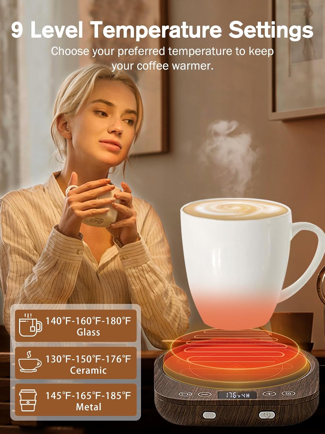 PUSEE Candle Mug Warmer Electric,Auto On/Off Gravity-Induction Coffee Mug Warmer with 9 Temp Settings,1-9 Timer Candle Melter Warmer Beverage Coffee Warmer Practical Portable Warmer for Home & Office