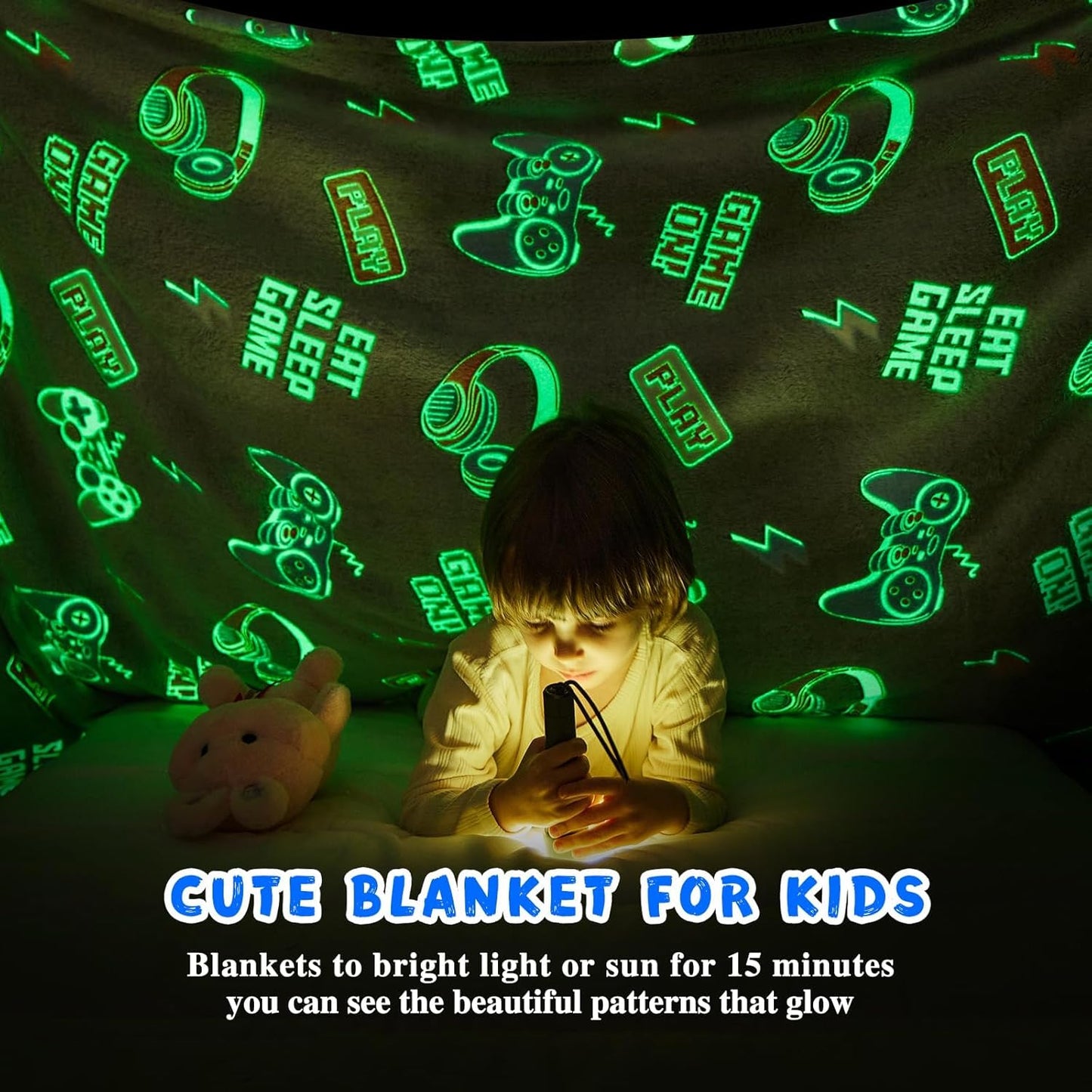 inhand Glow in The Dark Blanket Gaming Gifts for Boys Controller Kids Throw Gamer Blanket Gamer Toys for Kids Boys Presents Birthday Easter Halloween Grey 30"x40"