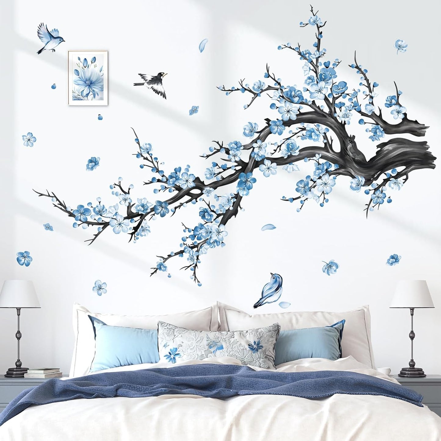 decalmile Blue Flower Branch Wall Decals Watercolor Blossom Floral Tree Branches Wall Stickers Living Room Bedroom Sofa TV Background Wall Decor