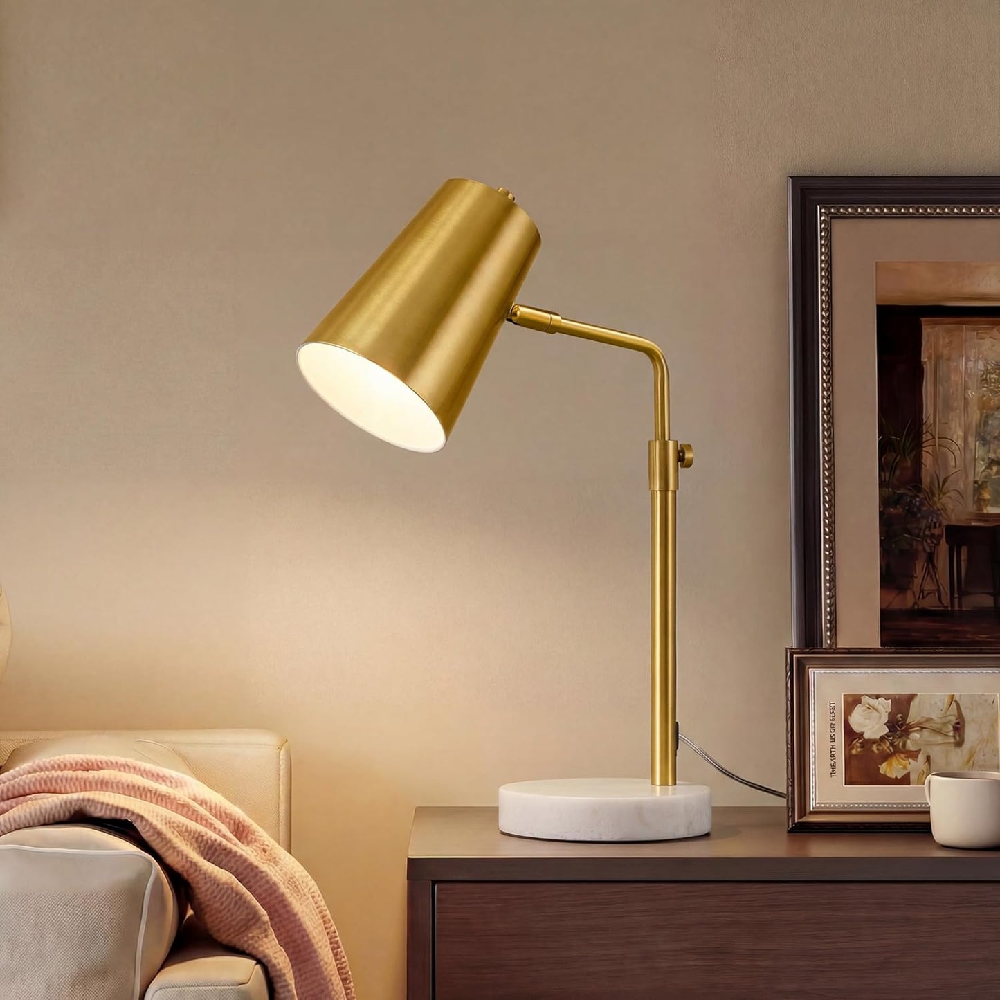 VONLUCE Gold Desk Lamp with LED Bulb Adjustable, Antique Brass Metal Table Lamp Marble Base, Mid Century Modern Reading Lamp Office, 20’’ Industrial Task Lamp Work Lamp for Reading Bedroom