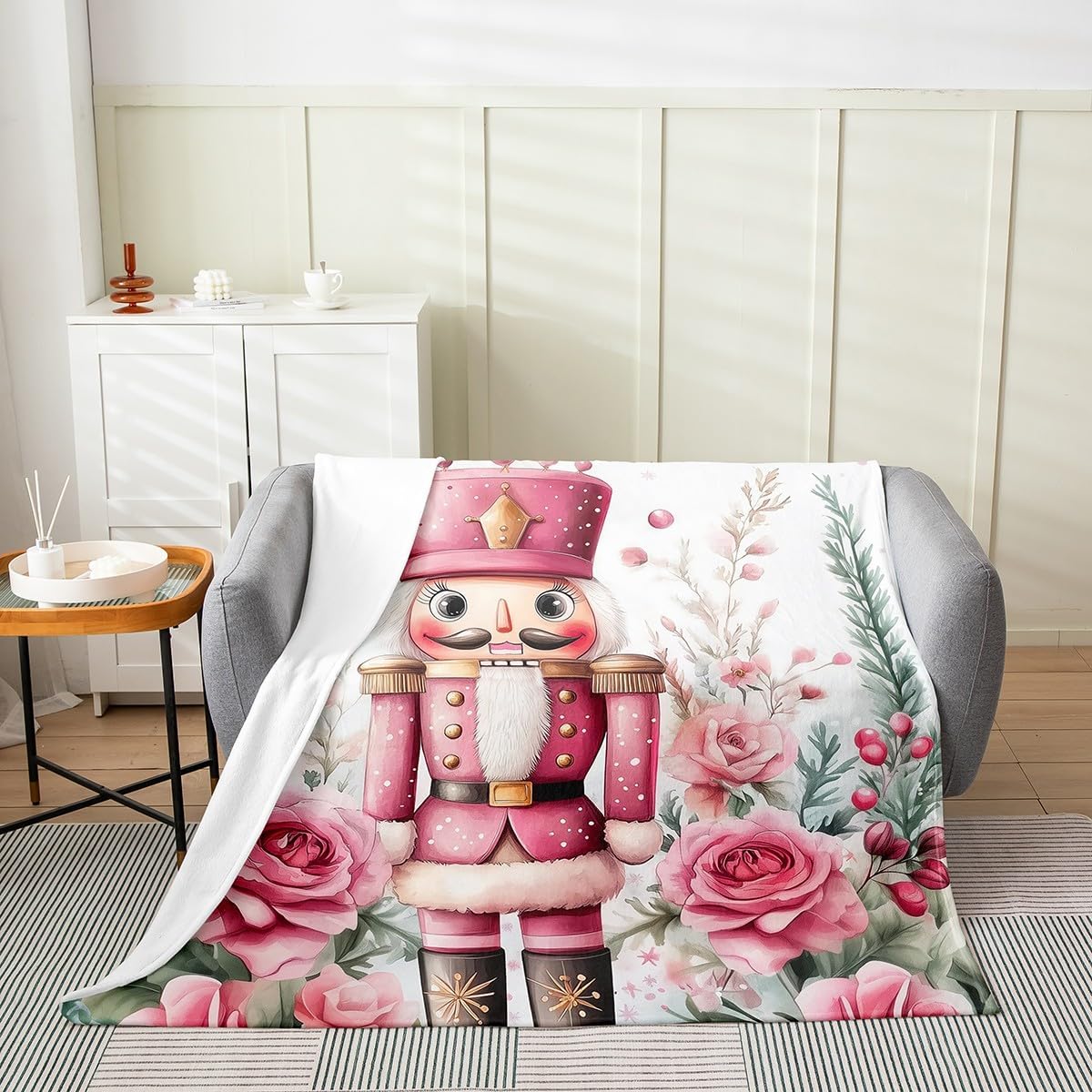 Nutcracker Soldier Flannel Blanket,Pink Rose Flower Blankets for Kids Girls Boys Teens Room Decor,Christmas Theme Fleece Blanket Cartoon Fairy Tale Fuzzy Blanket,for Chair/Sofa,40"×50"