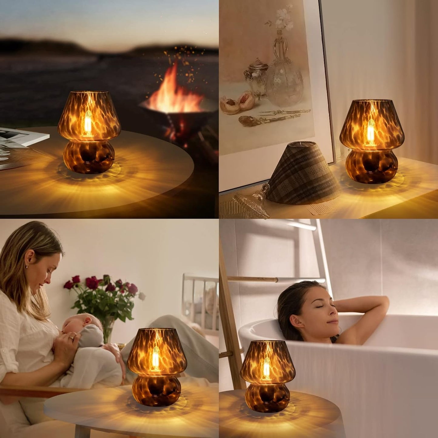 ONEWISH Mushroom Lamp Small Vintage Table Lamp for Bedroom Nightstand, Bedside Lamp Translucent Glass Stepless Dimmable, Murano Aesthetic Home Decor for Living Room Kitchen(Black)