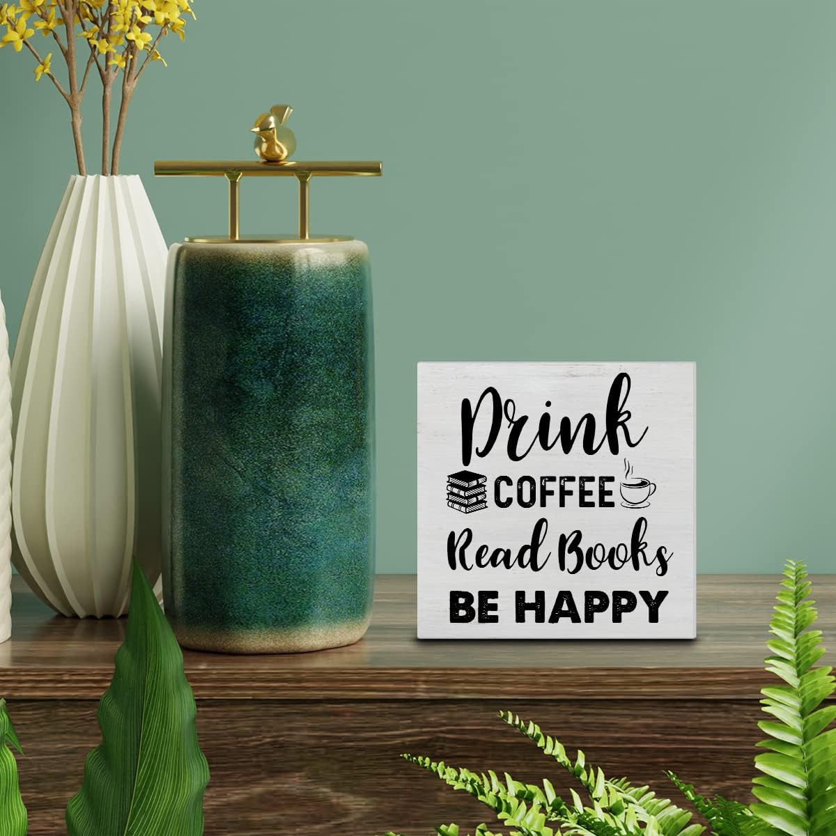 Drink Coffee Read Books Be Happy Wood Box Sign Decor Desk Sign Coffee Book Lover Wooden Box Block Sign Rustic Home Shelf Wall Decoration