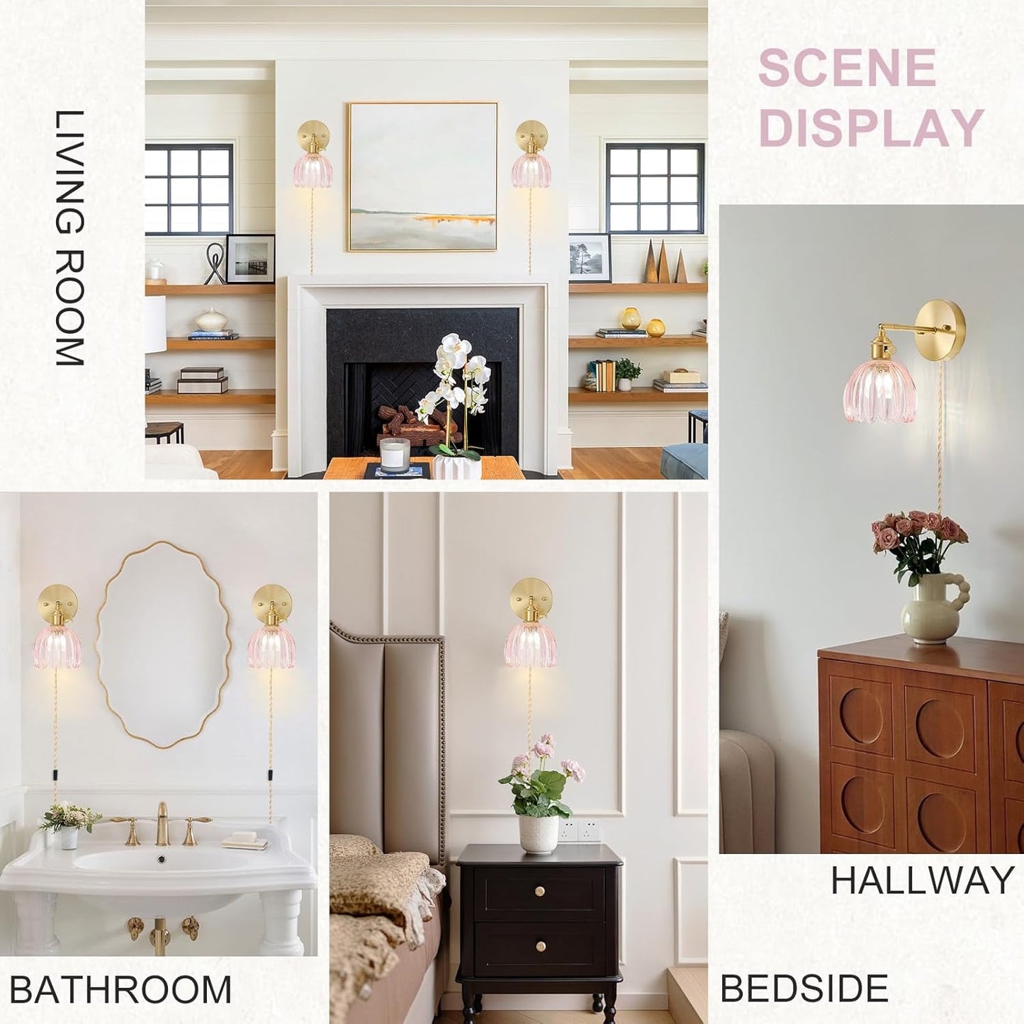 Plug in Wall Sconce, Vintage Sconce Light with Tulip Pink Glass Lampshade, Bedside Wall Sconce with Switch and Plug in Wall Lamp Cord, Gold Wall Light for Bedroom