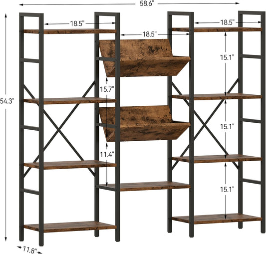 GAOMON Triple Wide 4 Tier Book Shelf, Tall Bookshelf with Open Display Shelves, Industrial Large Bookshelves and Bookcases with Metal Frame for Living Room, Bedroom, Home Office-Rustic Brown