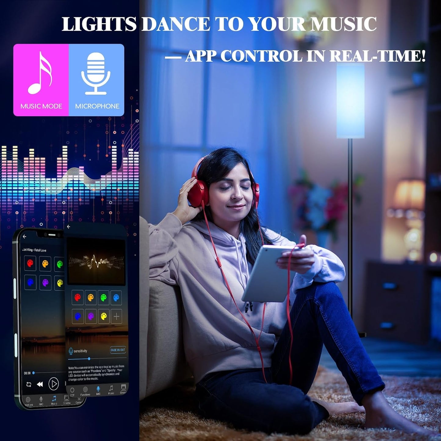 Smart LED Floor Lamp with APP Control & RGB Colors - Dimmable Standing Lamp for Living Room, Bedroom, Gaming - Remote, Timer, 9W Bulb Included, 67" Modern Tall Lamp (black pole + white shade)