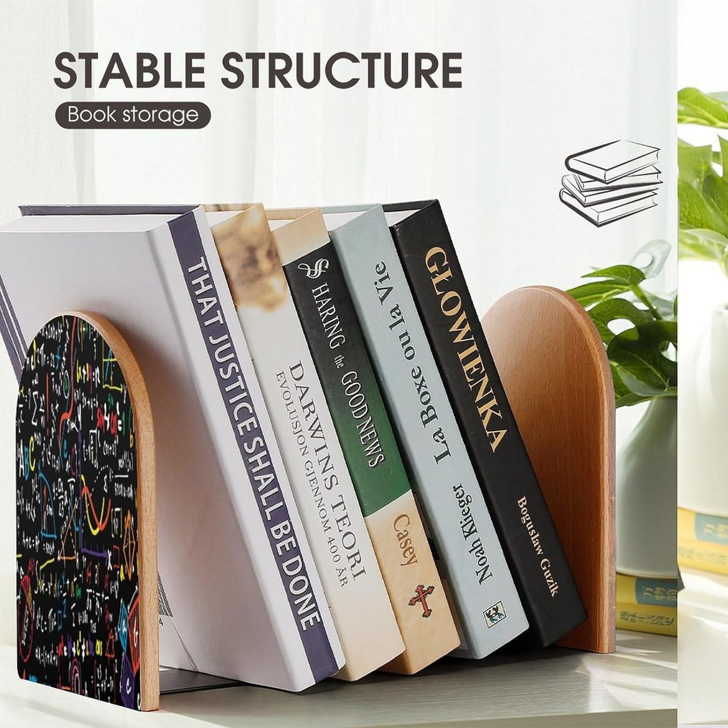 Mathematics and Physics Wooden Bookend Non-Slip Book Ends Heavy Duty Book Stopper with Metal Base Books Holderd Decorative Bookends Stands Firmly for Office Supplies