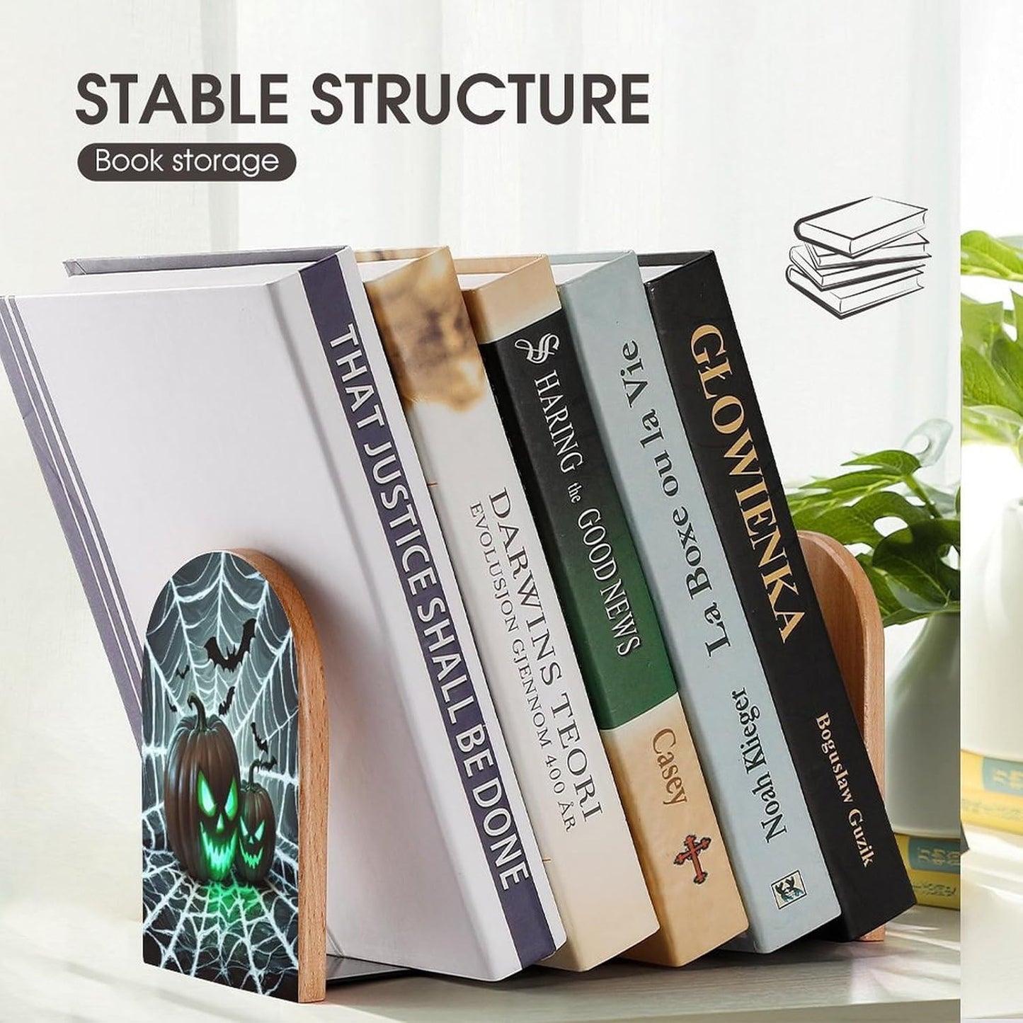 Green Pumpkin Bookends 1 Pair Heavy Duty Book Ends for Shelves Non-Skid Bookend Supports Wooden Book Holders with Metal Base Desk Organizers Books Storage to Hold Books