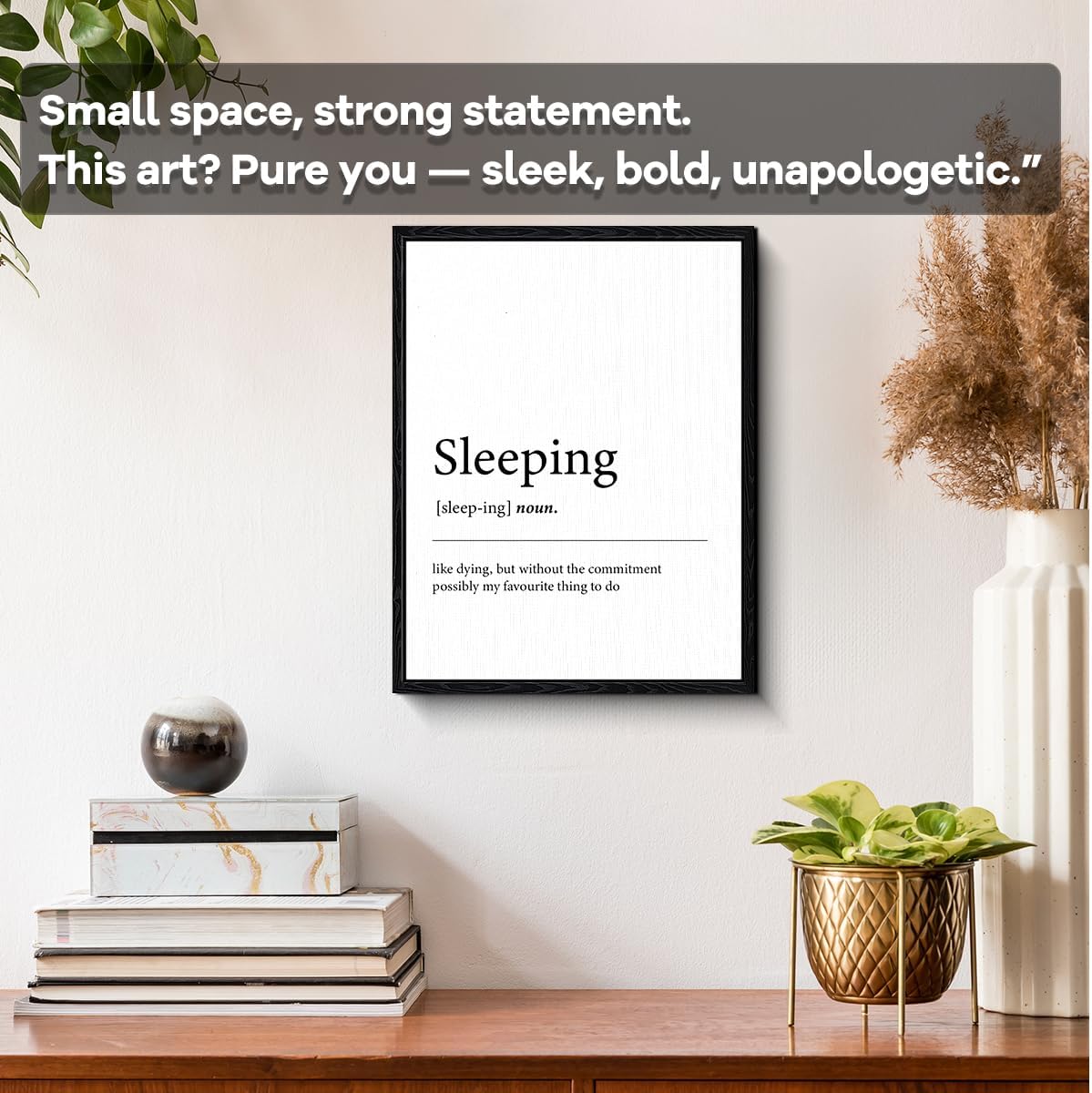 Funny Sleep Quote Wall Art, sleeping definition joke, minimalist wall decor, matte finish framed canvas print, bedroom humor poster, for bedroom dorm gift, 12x15 inch