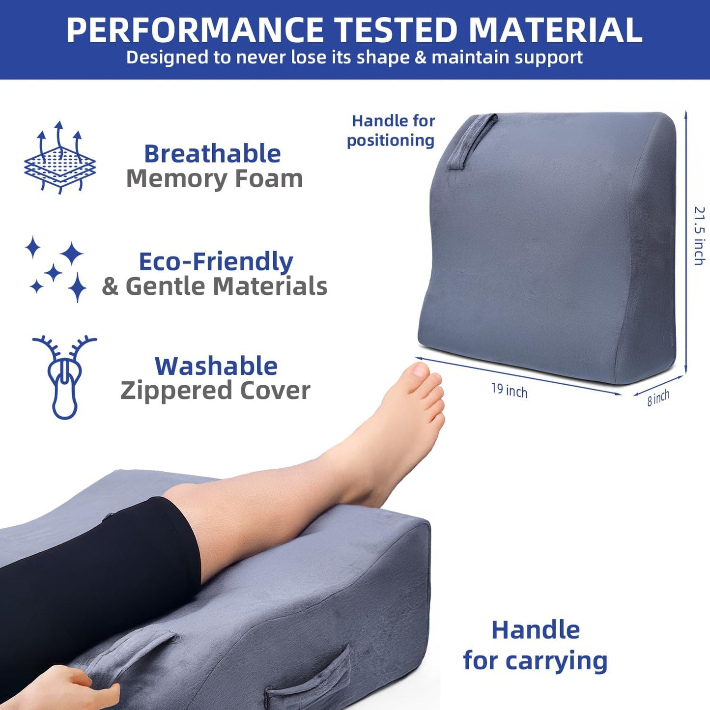 8" Leg Pillow, Leg Elevating Pillow for Sleeping, Swelling, Pain Relief and Post-Surgery Recovery – Memory Foam Wedge Pillow for Legs, Knee, and Back – Leg Elevation Pillow for Legs Syndrome Relief