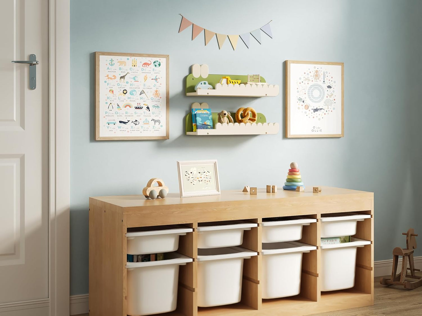 Nursery Floating Shelves, 16.5 Inches Cute Decorative Shelf for Bedroom, Kids' Room, Wall Mounted Wood Bookshelf Organizer for Wall Storage, White/Avocado, Set of 3