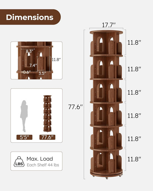 Solid Wood Rotating Bookshelf Tower, 6 Tier Corner Bookshelf with Bookends, Kids Spinning Book Shelf with Wheels, Revolving Bookcase Shelf, Tall Narrow Bookshelves for Small Spaces, Walnut