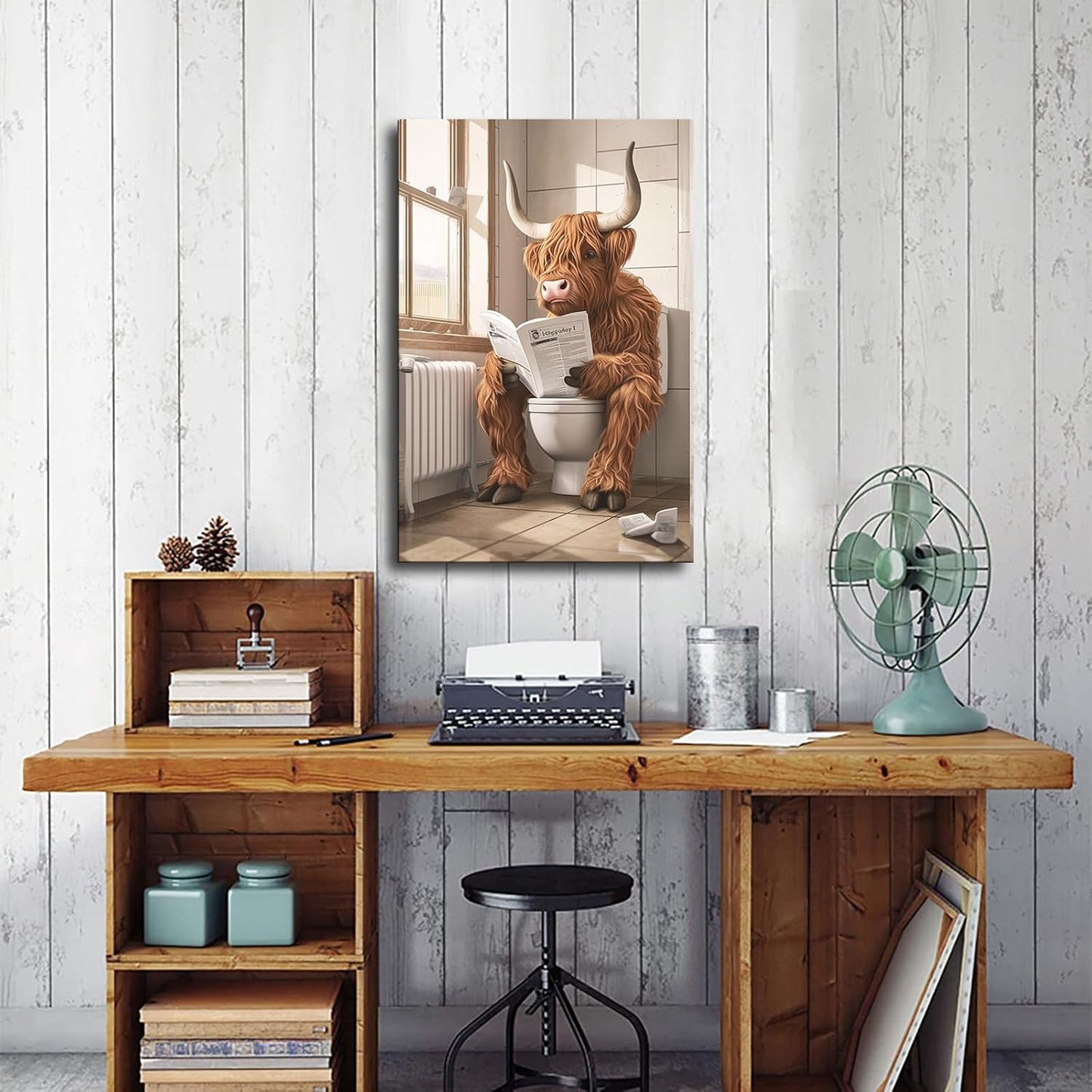 chenmjj Highland Cattle Sitting on Toilet and Reading Newspaper Print Poster Picture HD Print Poster Retro Painted Modern Home Bedroom Room Aesthetic Decoration Canvas Art (16x24inch Framed)