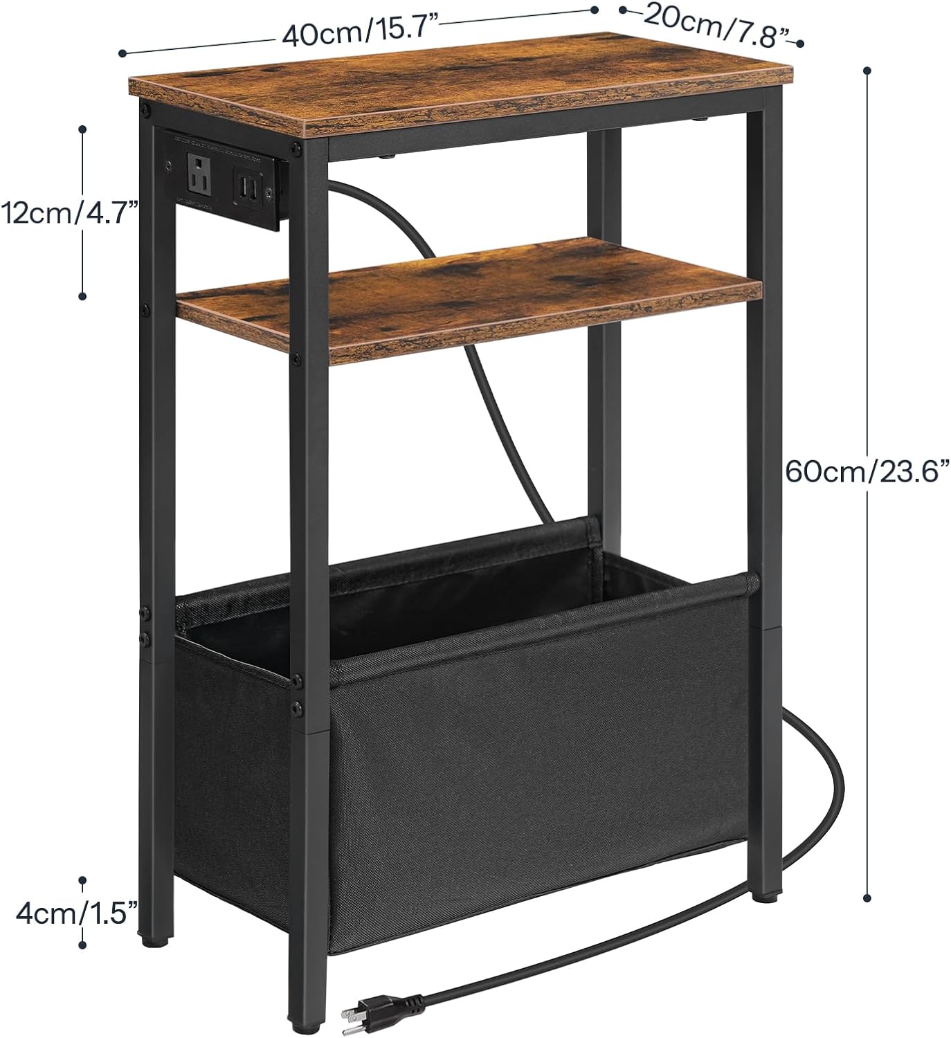 HOOBRO Small Narrow Side Table, Skinny End Table with Charging Station, Extra Slim Nightstand with Storage for Small Spaces, Thin End Table for Living Room, Rustic Brown and Black BF125UBZ01