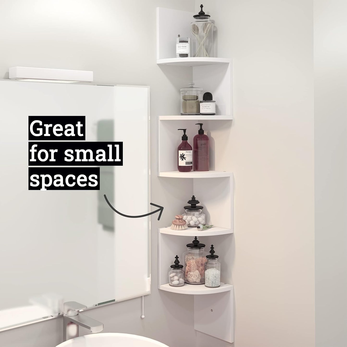 Greenco Corner Shelf, 5 Tier Floating Shelves for Wall - Room Decor Storage Solution for Offices, Bedrooms, Bathrooms, Kitchens, and Dorm Rooms - Home Decor - Natural Finish