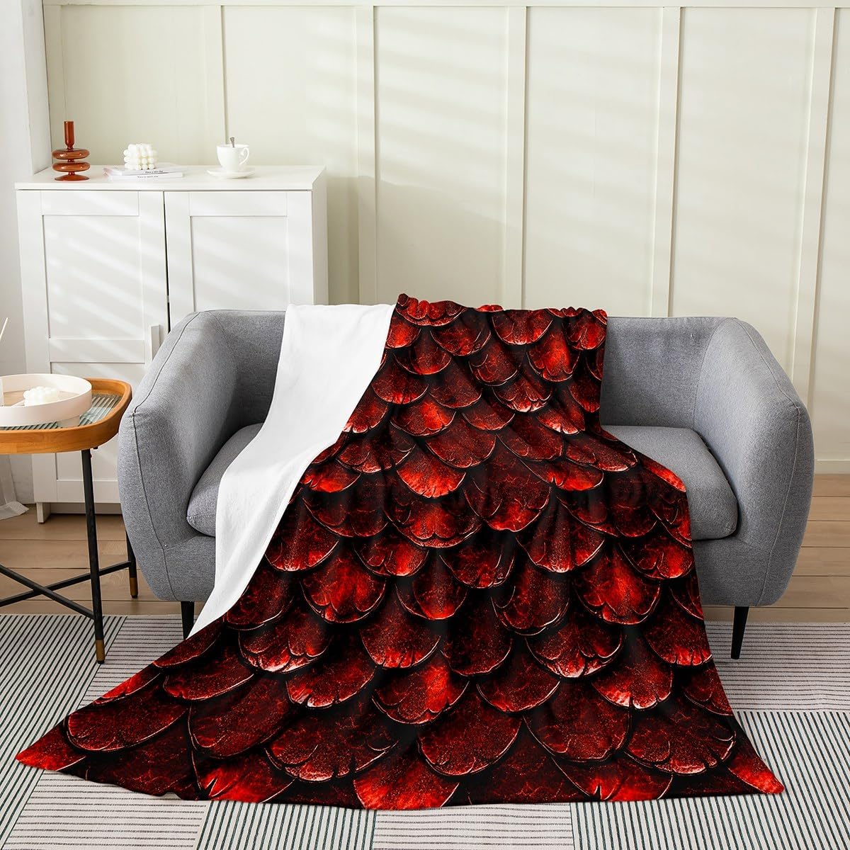 Castle Fairy Dragon Scales Flannel Blanket for Kids,Red Fierce Dragon Fleece Throw Blanket for Bedroom Sofa Dorm Decor,Mysterious Western Animals Bed Blanket,Baby (30 x 40 Inches)