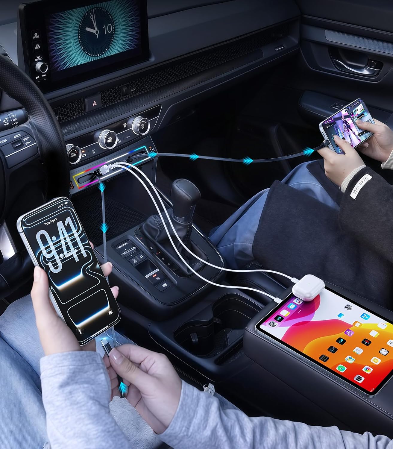 for Honda CRV Car Charger USB Hub with RGB Light, 4-Port Retractable Cable Docking Station for Honda CR-V Accessories 2026 2025 2024 2023, Center Console Phone Fast Charger Hub Voltage Display