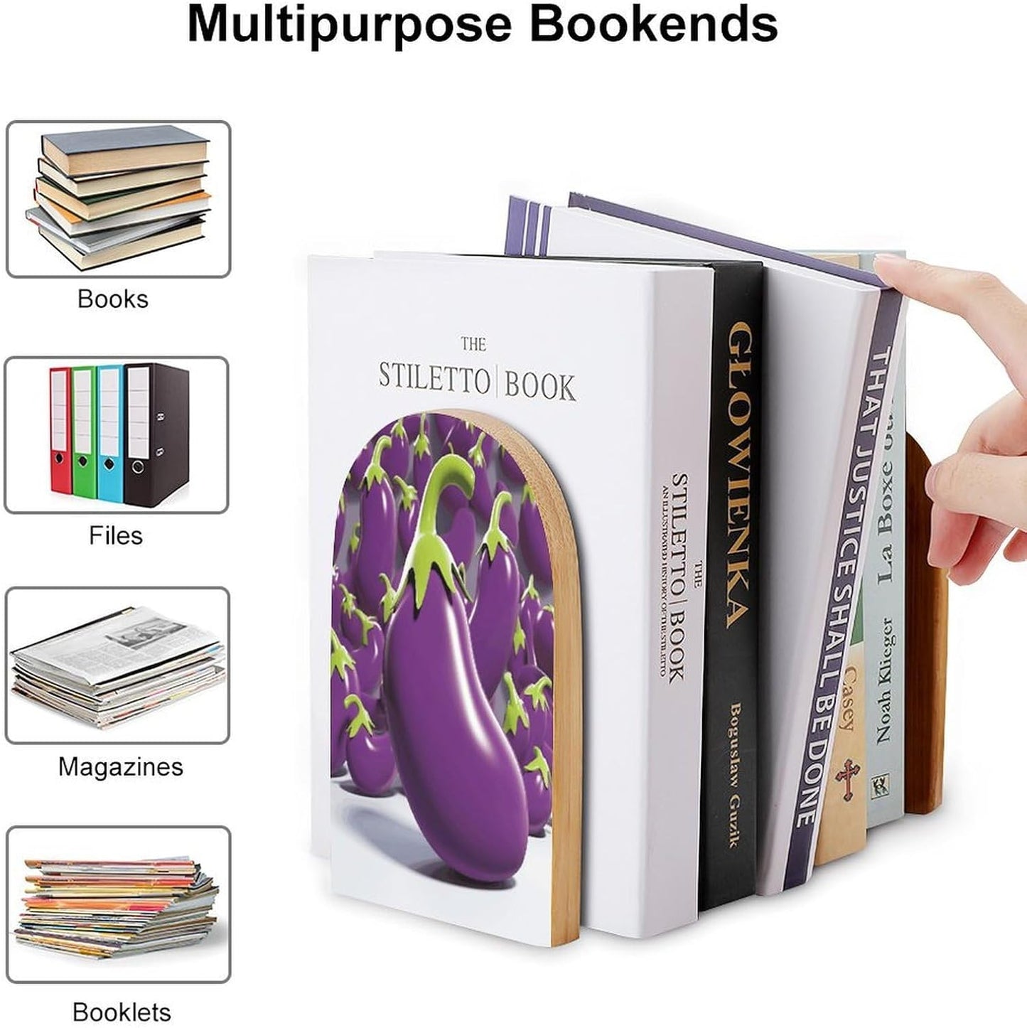 Cartoon Eggplant Bookend for Shelves Wooden Book End Large Size Sturdy Book Holders Stoppers with Metal Base for Bookshelves Slick Decorative Bookends Stands