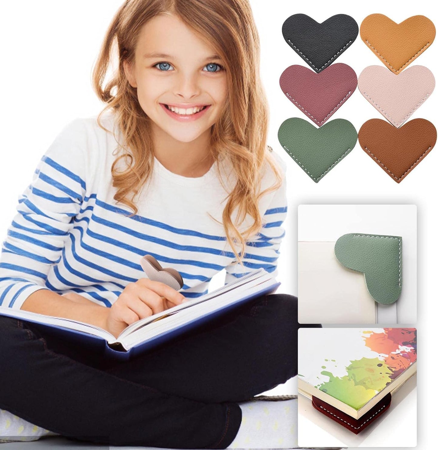 Leather Heart Bookmarks, Wayzton Corner Page Book Accessories for Women, Kids, Cute Handmade Reading Gifts