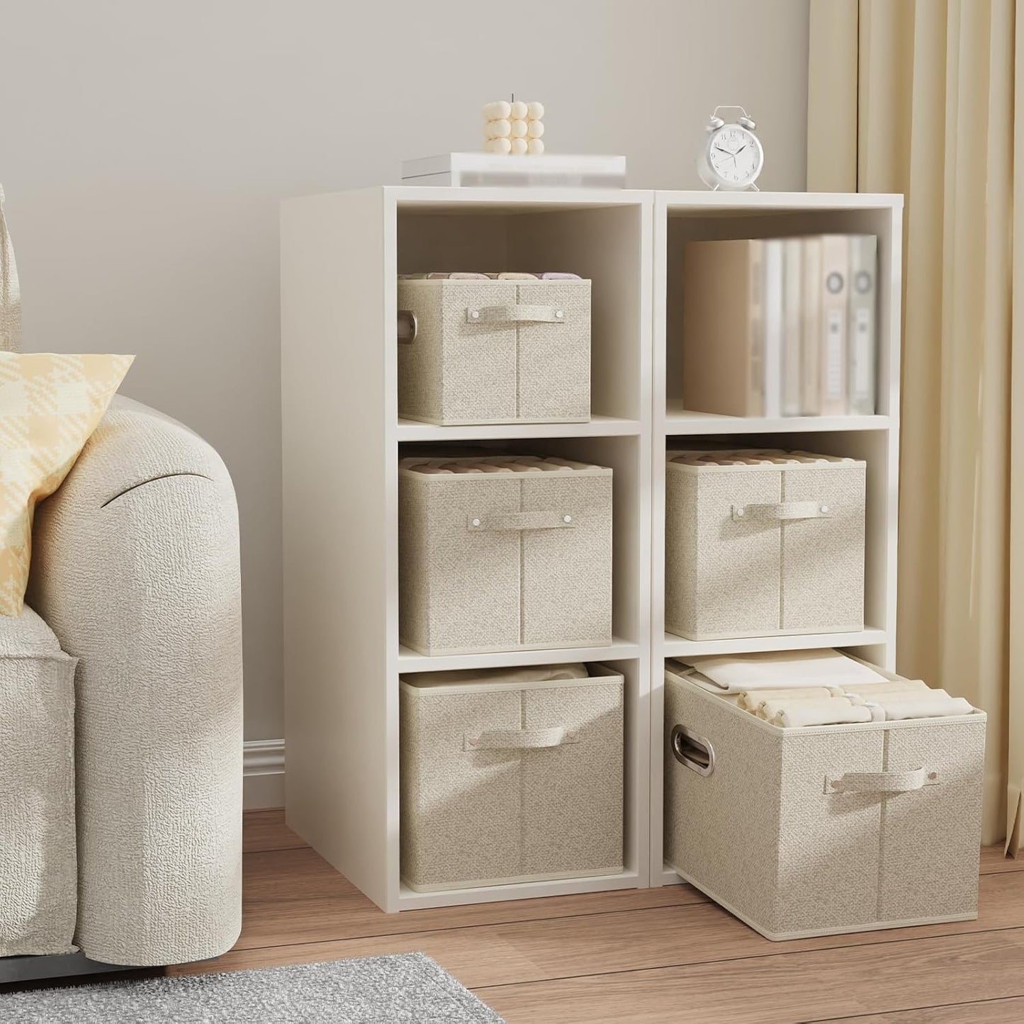 Open Storage Baskets, Collapsible Cube Bins, Fabric Container Organizer with Metal Handles, Boxes for Shelves, Closet, Living Room, 15x9.8x9.8in, Grey and Beige, 2 Pack