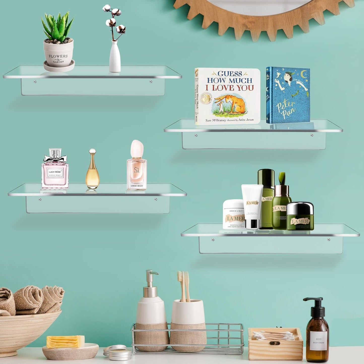 12 Inch L-Shaped Acrylic Floating Shelf Clear Wall Mounted Shelves Invisible 5MM Thick Shelf for Wall Storage Clear Shelves for Makeup Photo Picture Book Record Display 4 Pack